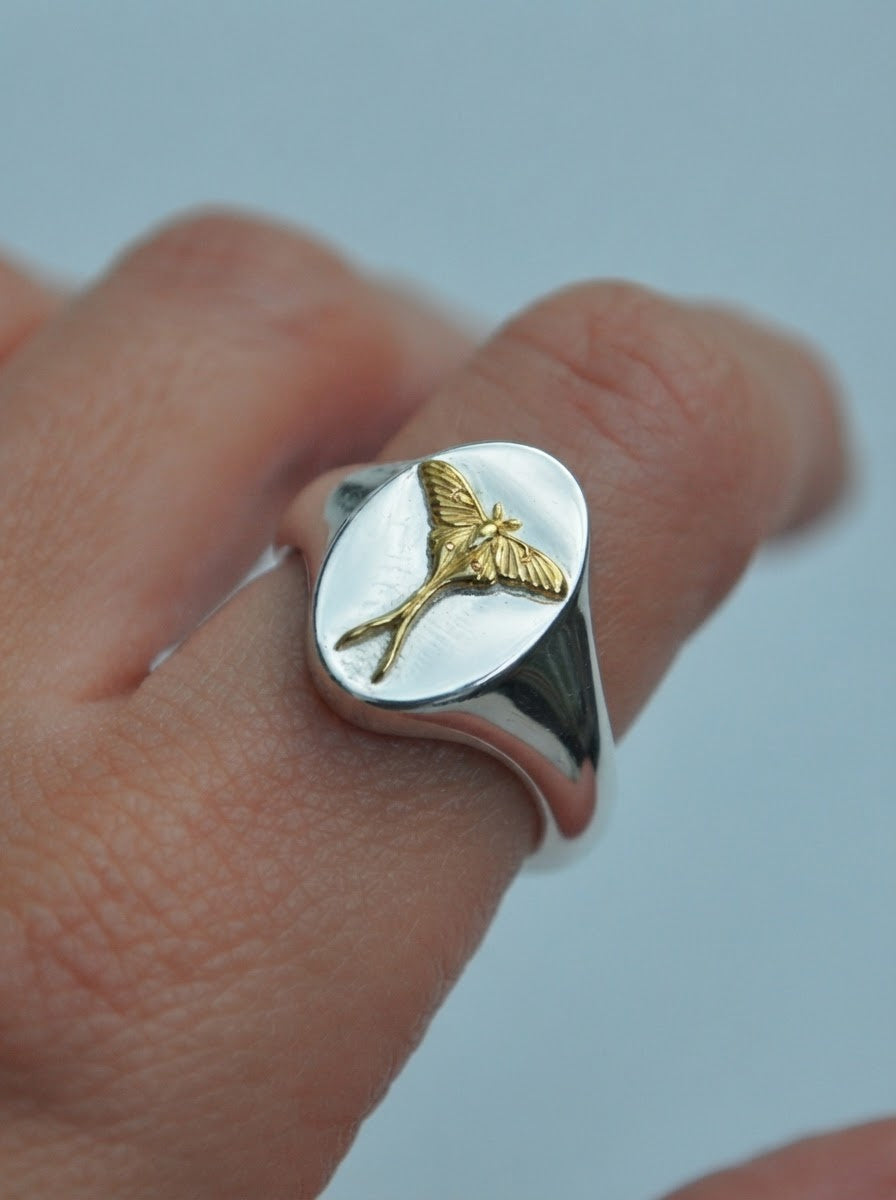 Cancer Luna Moth Signet Ring | Sterling Silver & Gold Plated