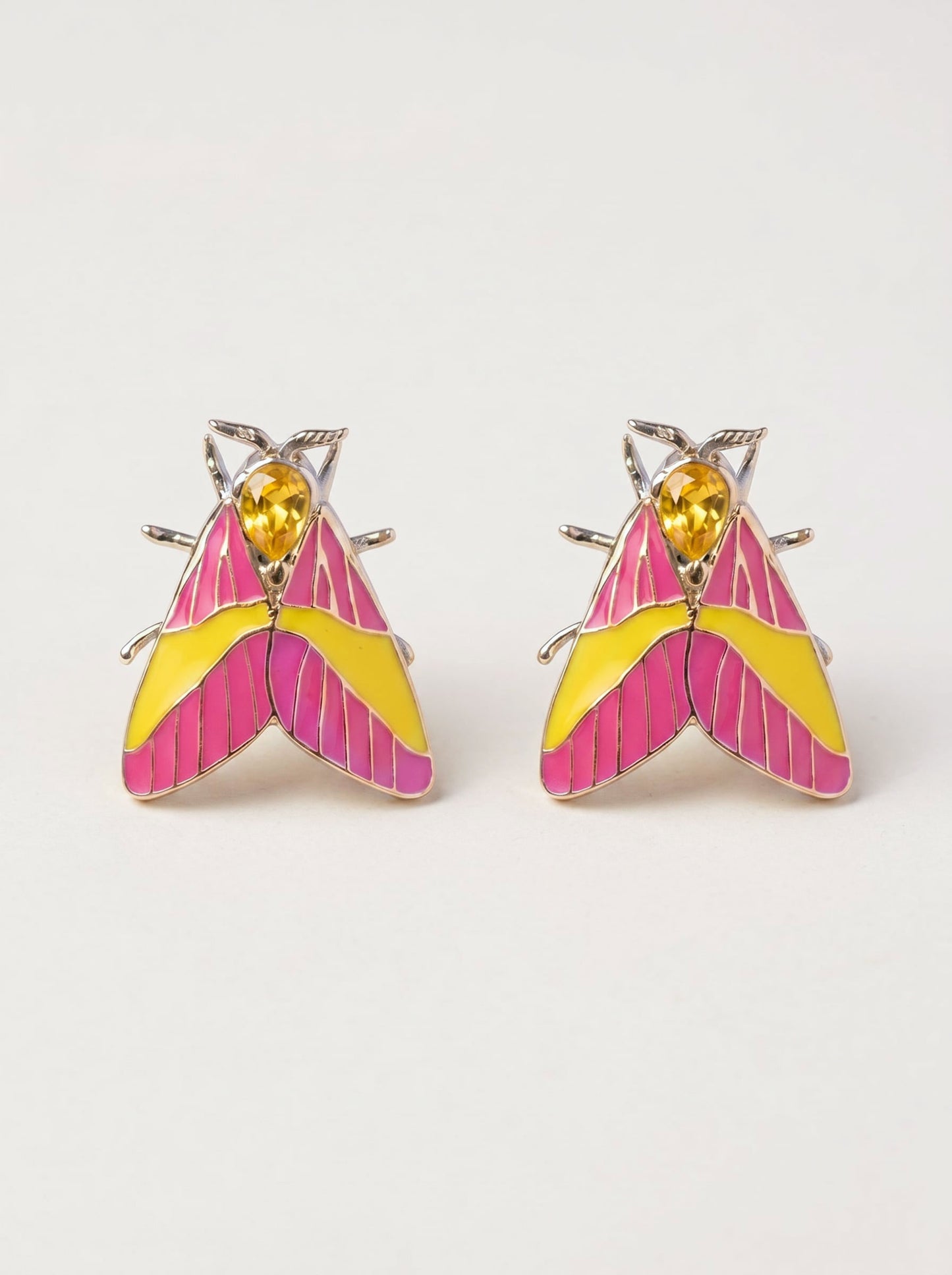 Rosy Maple Moth Earrings – Enamel Wings, Gemstone Eyes & Yellow Crystal Accent