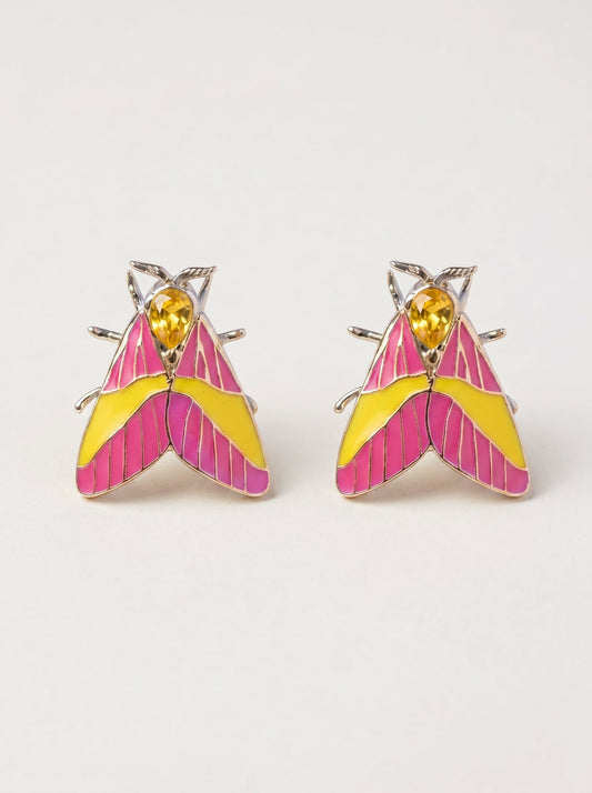 Rosy Maple Moth Earrings – Enamel Wings, Gemstone Eyes & Yellow Crystal Accent