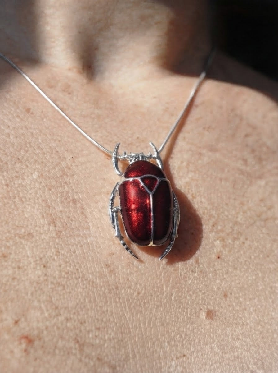 Dark Red Enamel Flower Beetle Pendant – Insect Necklace, Nature Inspired Jewelry