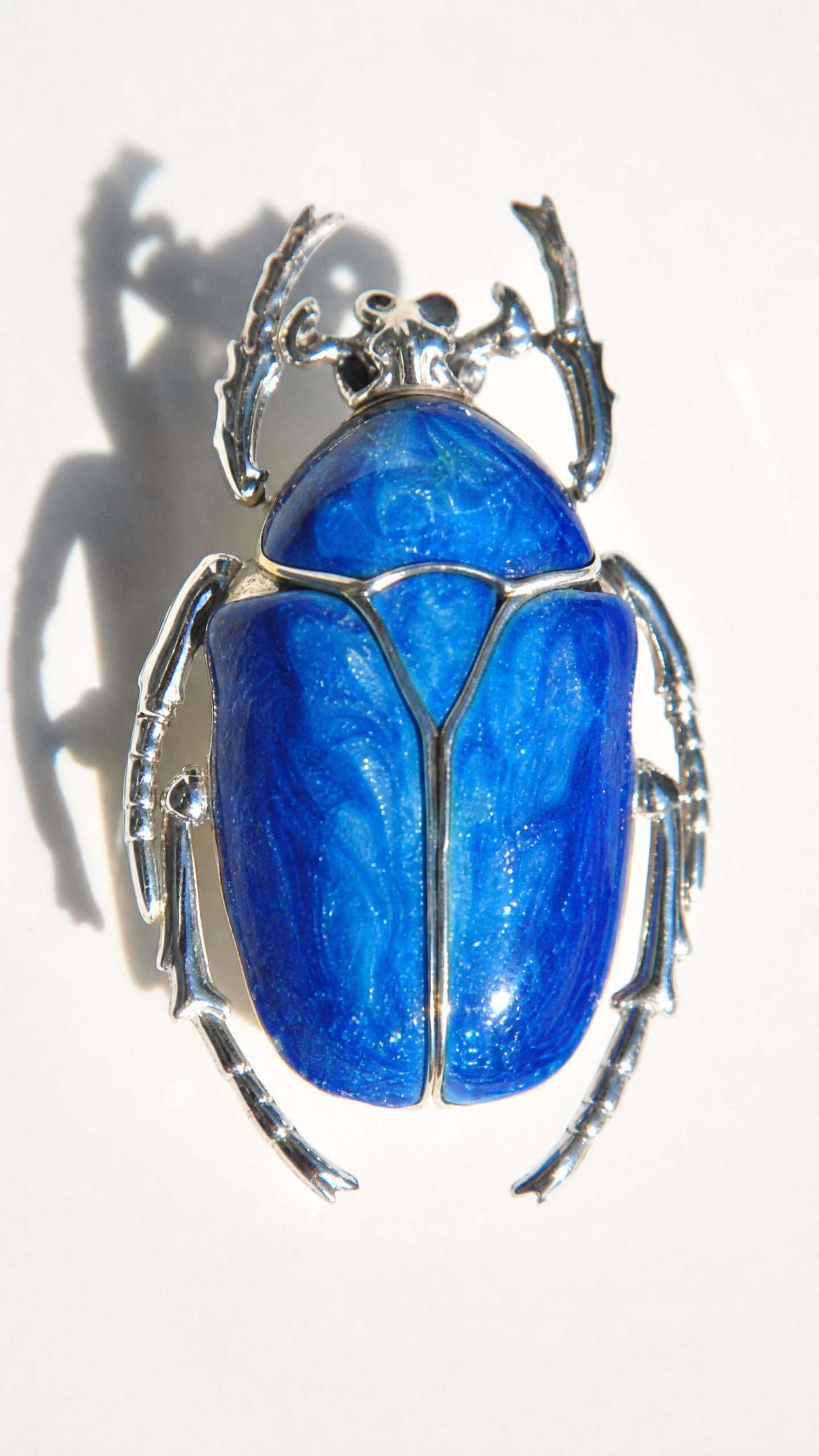 Blue Enamel Flower Beetle Pendant – Sculptural Insect Jewelry