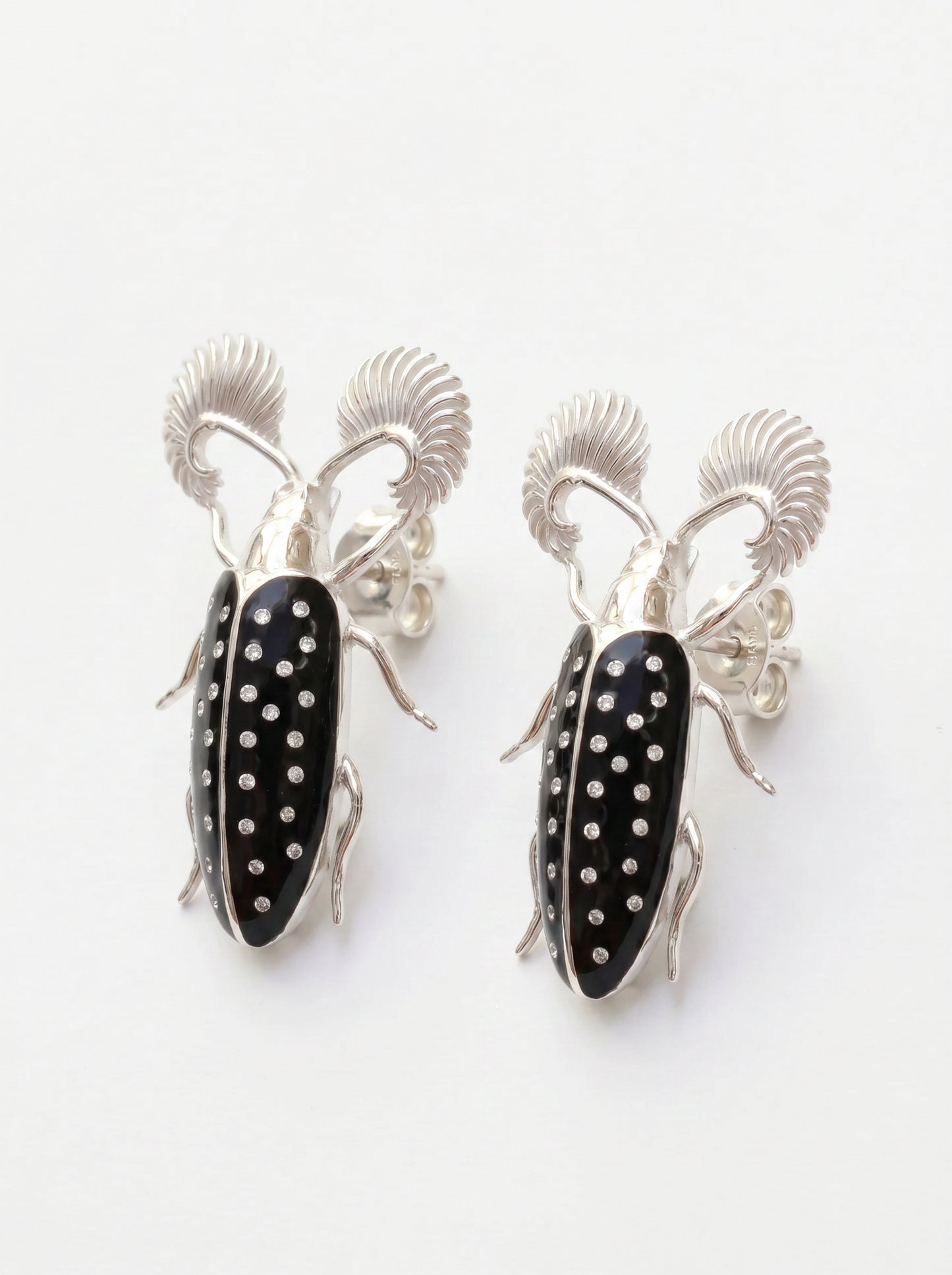 Feather‑Horned Beetle Stud Earrings — Rhipicera sp. • Black Enamel + Crystals