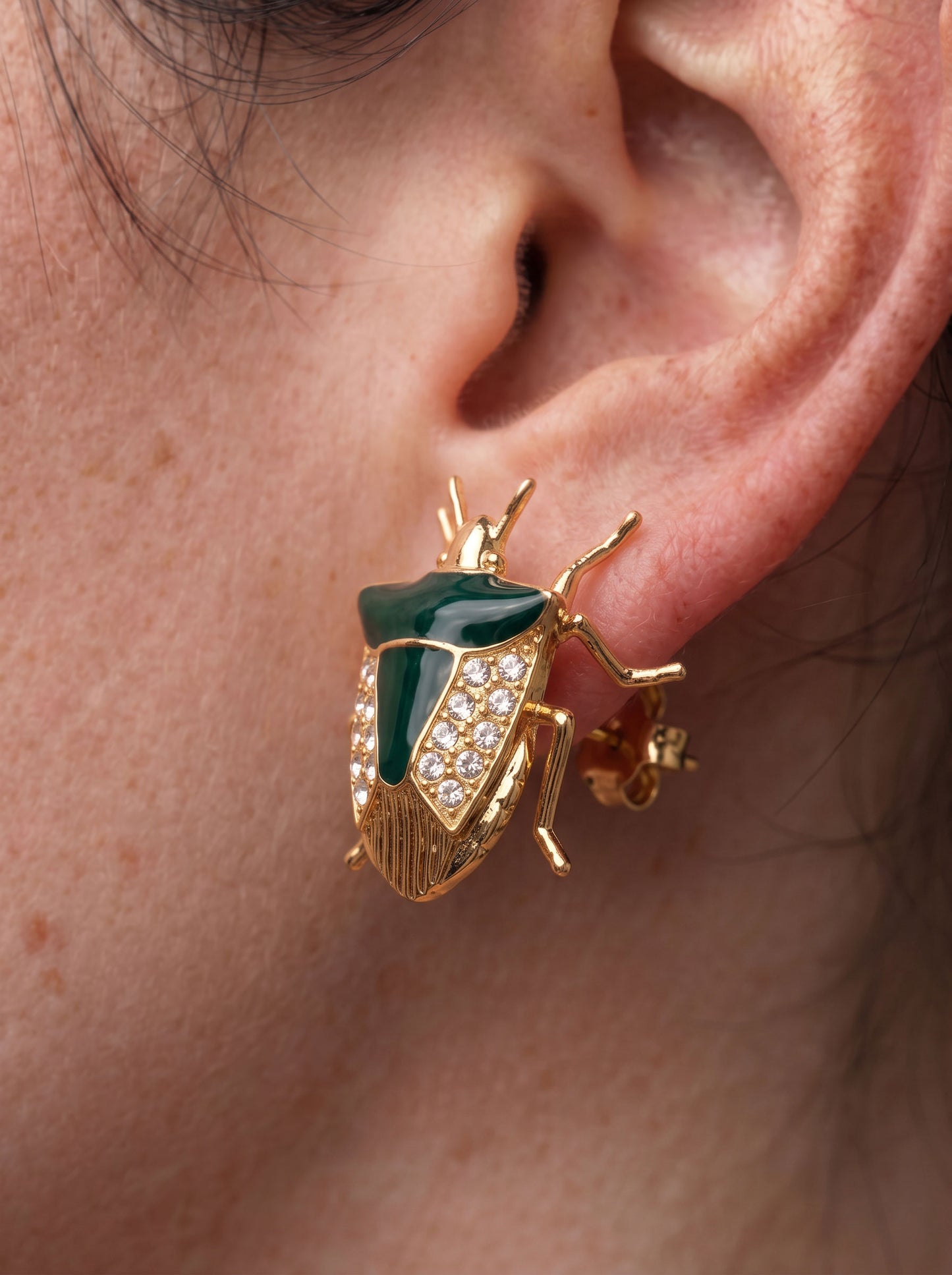 Stink Bug Stud Earrings with Deep Green Enamel • Silver or 14k Gold‑Plated