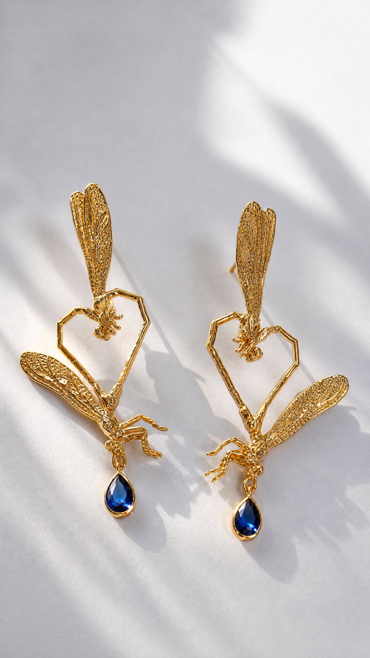 Dragonfly Love Stud Earrings — Gold‑Plated Brass or Gold‑Plated Sterling Silver with Blue Pear‑Cut Stone