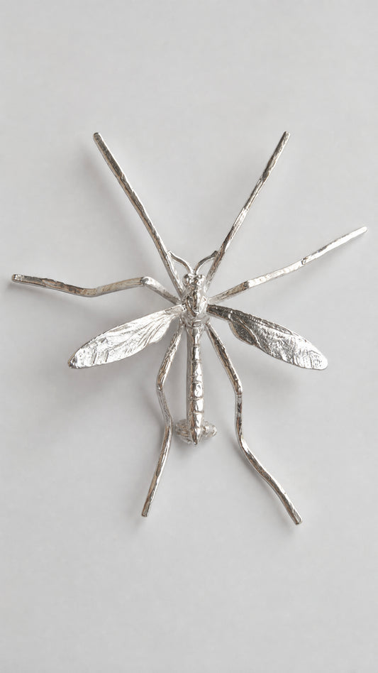 Crane Fly Brooch — Sterling Silver or 14k Gold‑Plated | Sculptural Insect Jewelry
