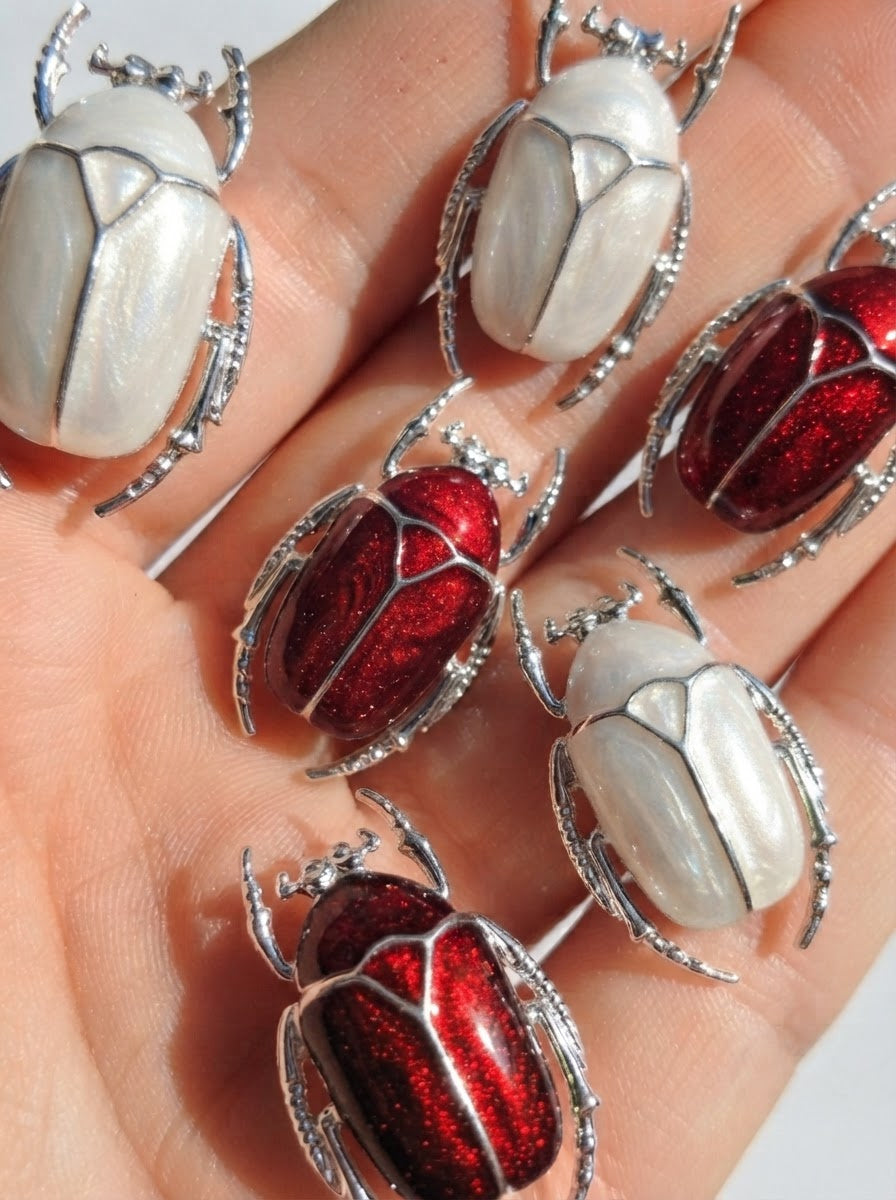 Dark Red Enamel Flower Beetle Pendant – Insect Necklace, Nature Inspired Jewelry