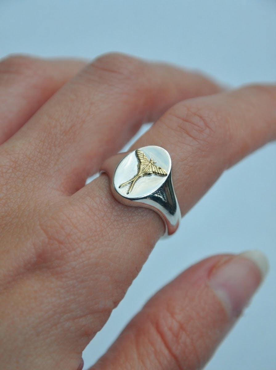 Cancer Luna Moth Signet Ring | Sterling Silver & Gold Plated