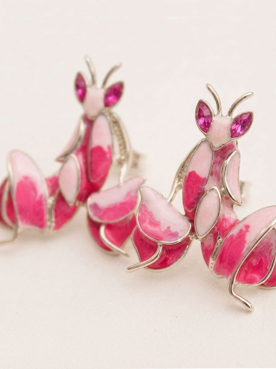 Pink Enamel Orchid Mantis Stud Earrings – Nature Inspired Insect Jewelry