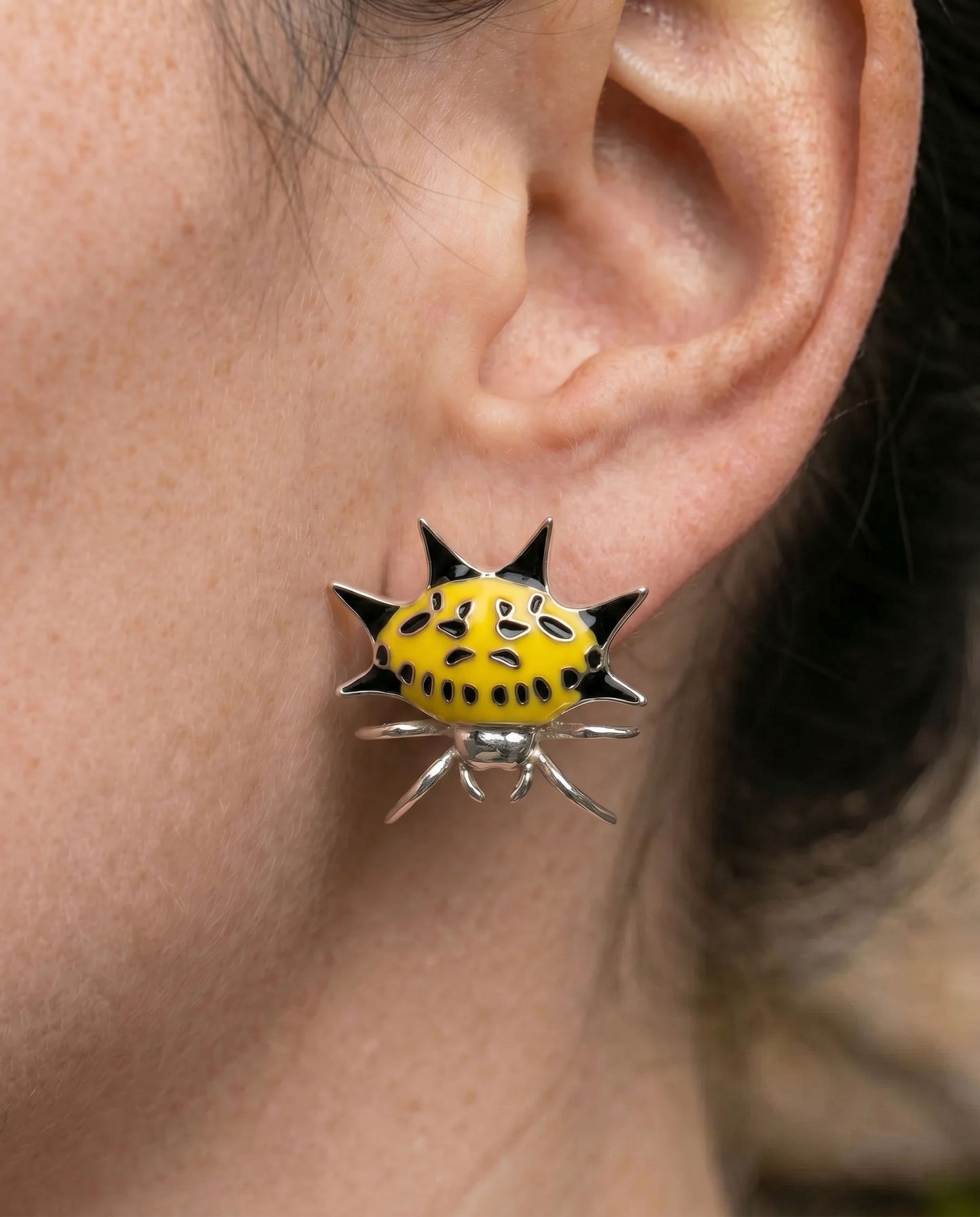 Spiny Orb‑Weaver Stud Earrings — Yellow & Black Edition