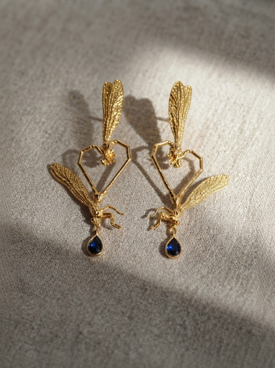 Dragonfly Love Stud Earrings — Gold‑Plated Brass or Gold‑Plated Sterling Silver with Blue Pear‑Cut Stone