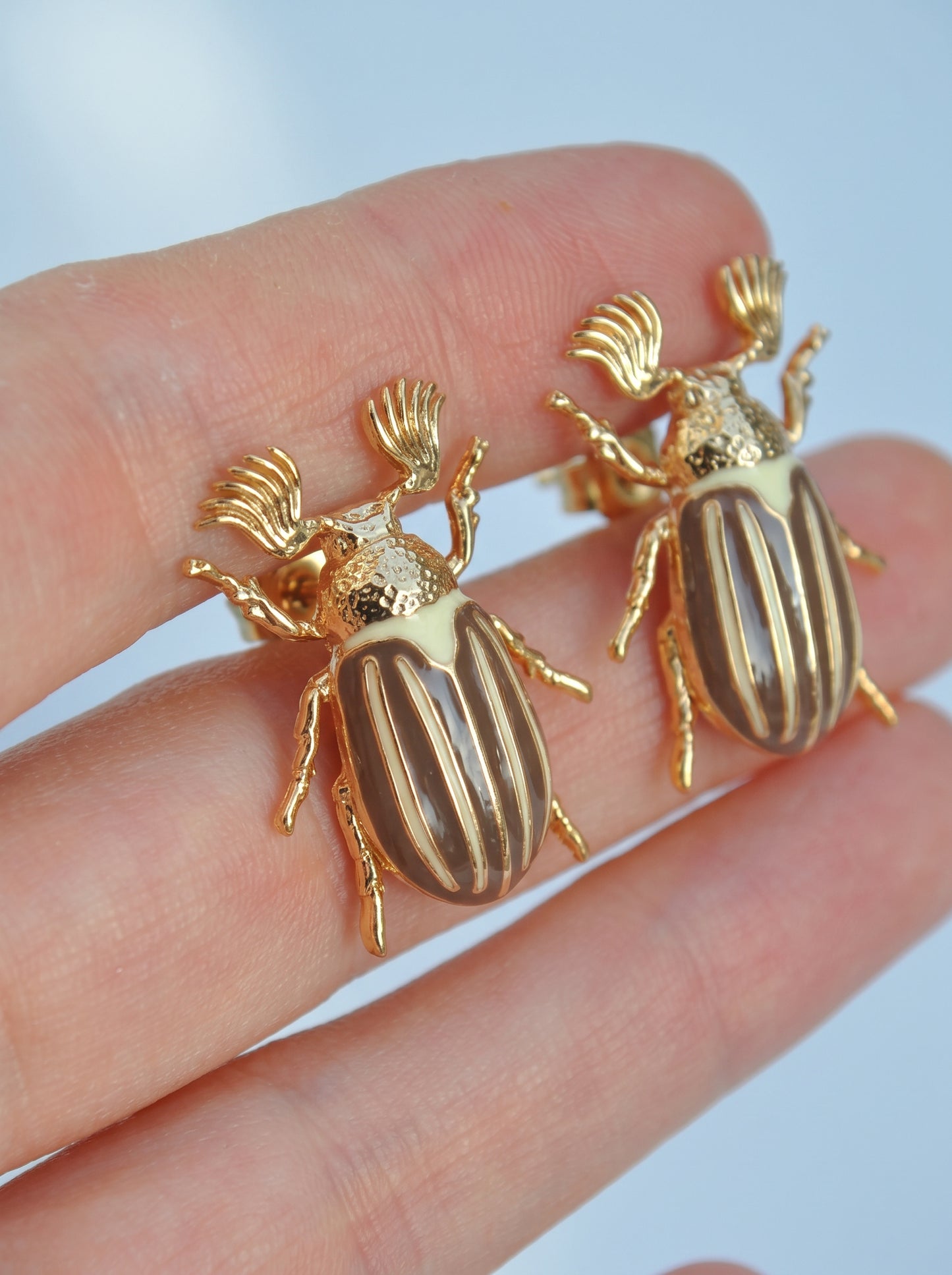June Bug Stud Earrings — Silver or Gold with Bronze & Off‑White Enamel