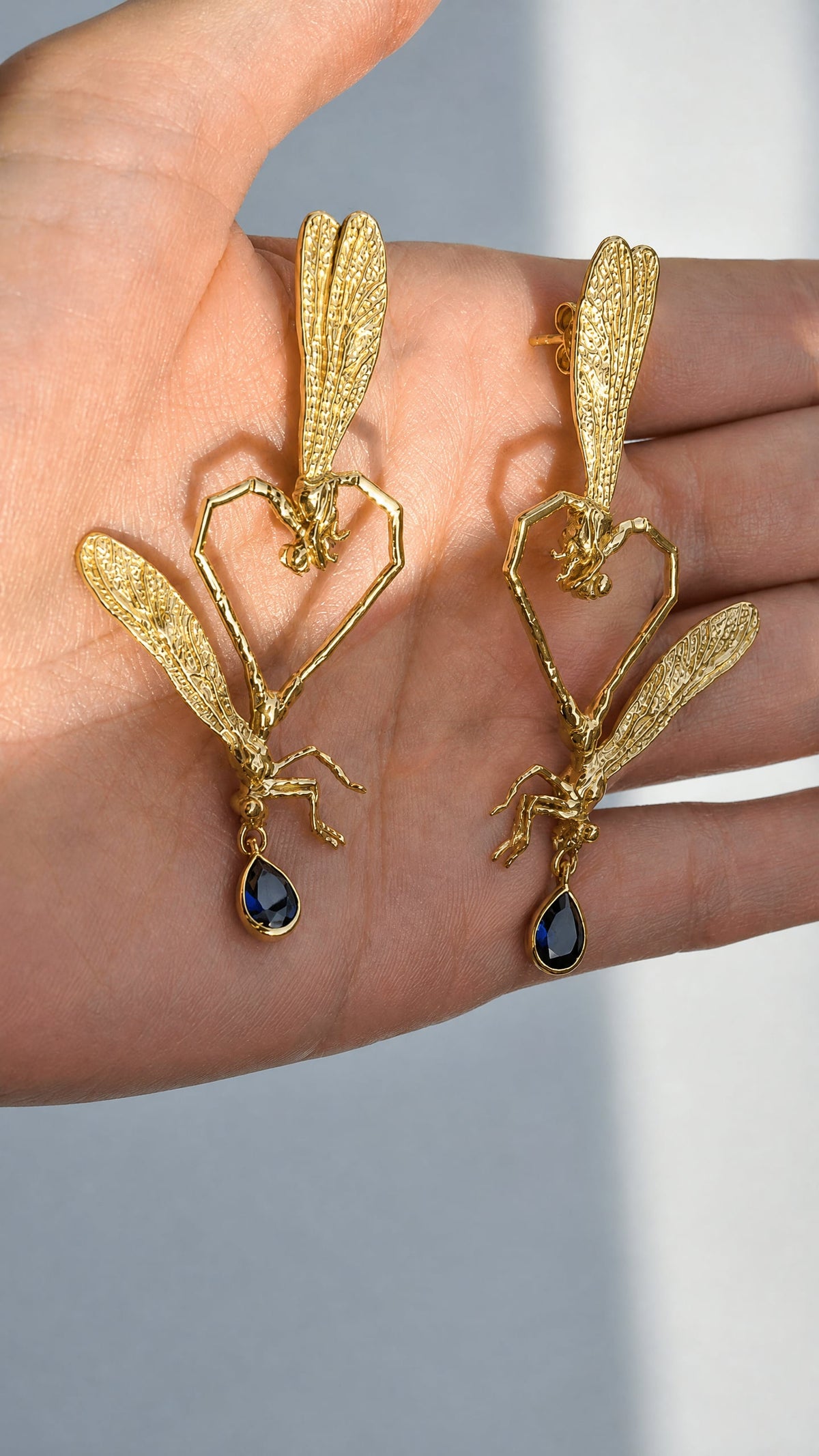 Dragonfly Love Stud Earrings — Gold‑Plated Brass or Gold‑Plated Sterling Silver with Blue Pear‑Cut Stone