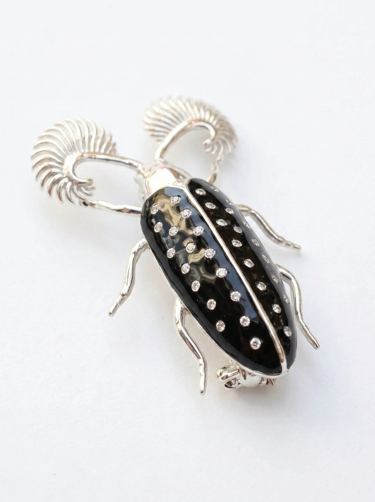 Feather‑Horned Beetle Brooch — Rhipicera sp. • Black Enamel + Crystals