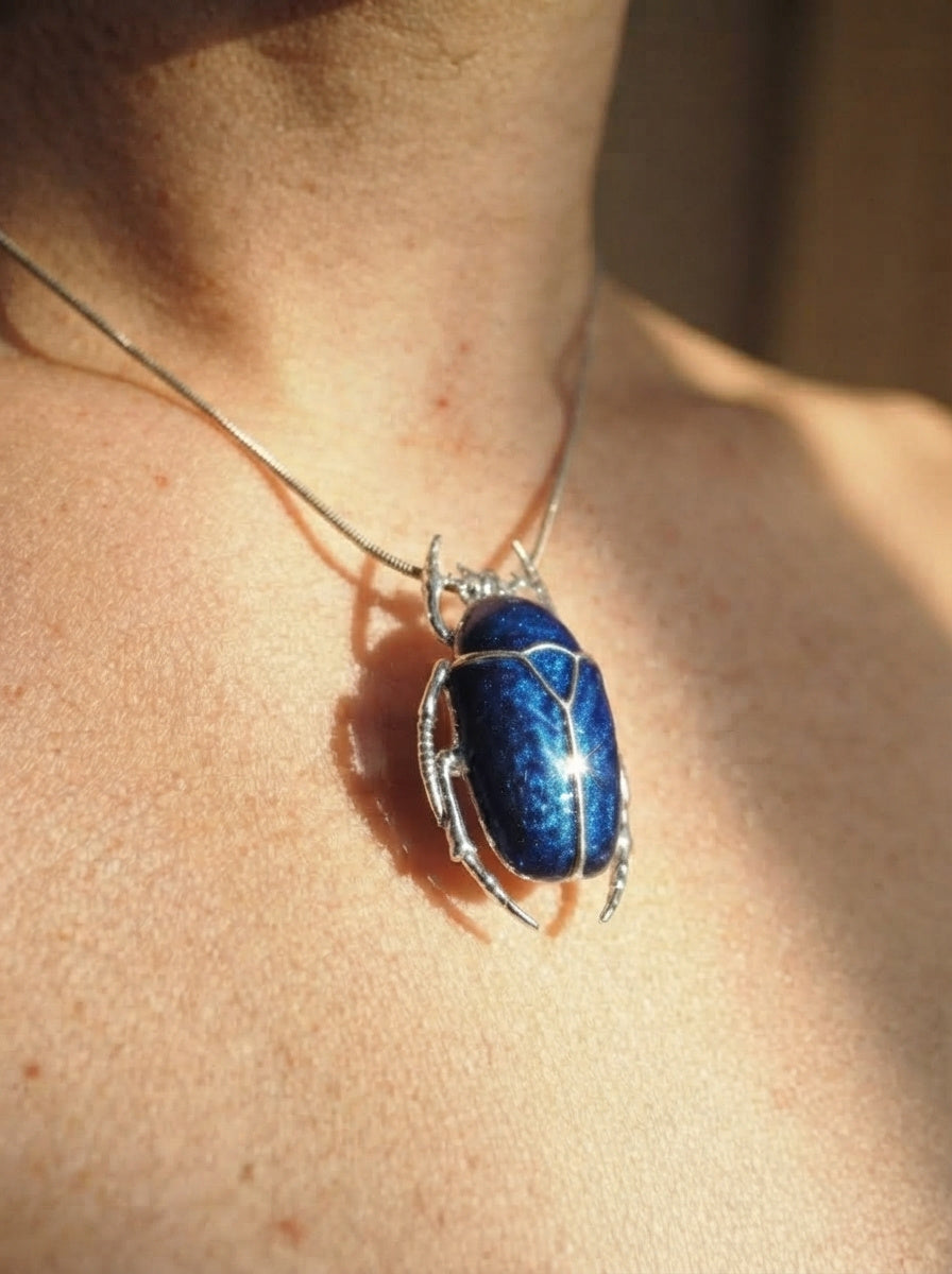 Blue Enamel Flower Beetle Pendant – Sculptural Insect Jewelry