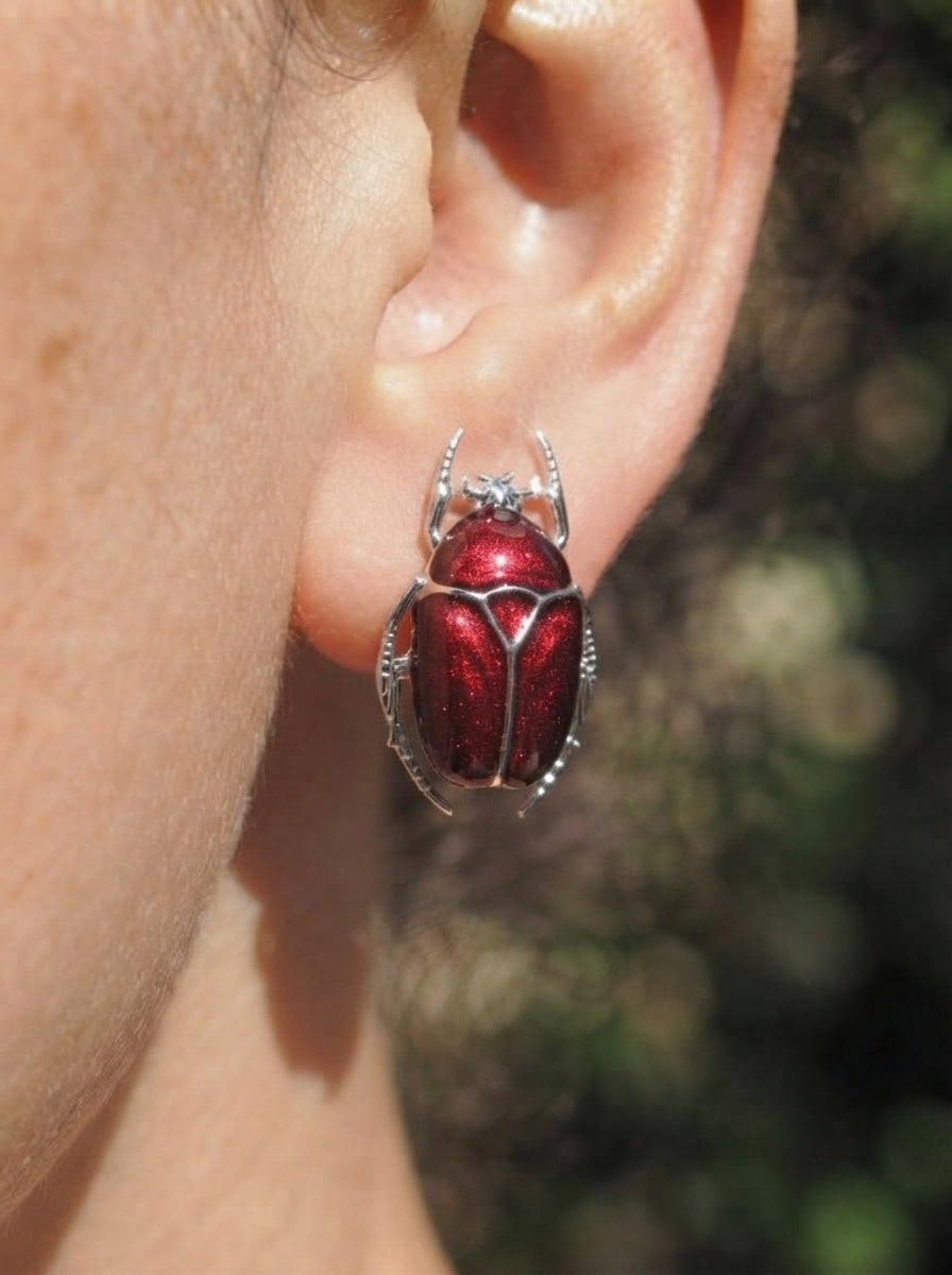 Glossy Dark Red Enamel Flower Beetle Stud Earrings – Nature Inspired Insect Jewelry