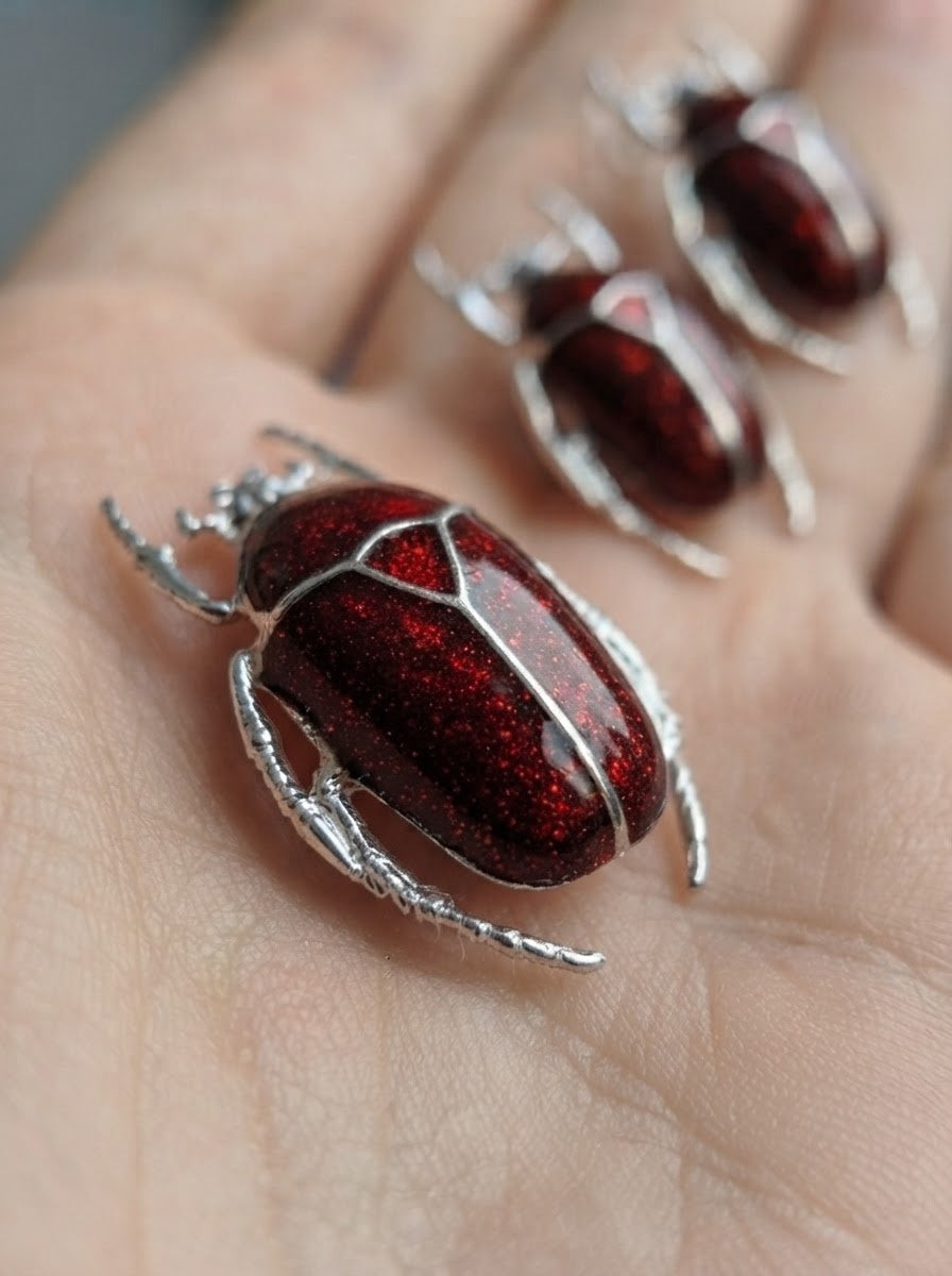 Glossy Dark Red Enamel Flower Beetle Stud Earrings – Nature Inspired Insect Jewelry