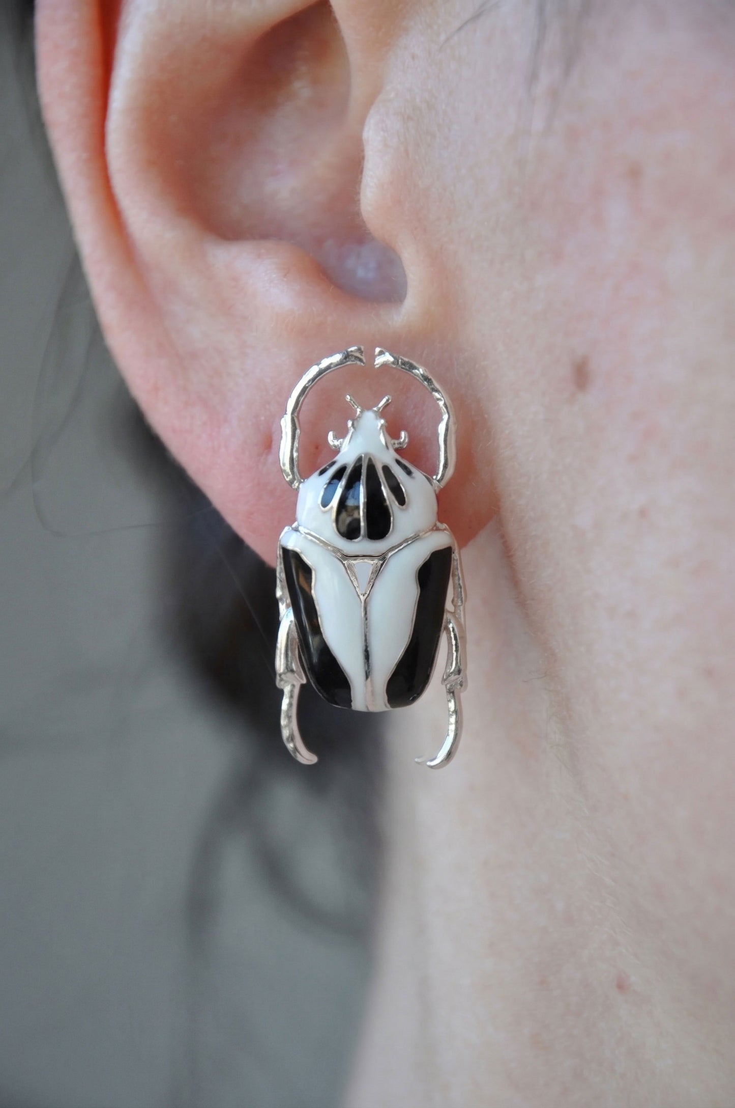 Goliath Beetle Stud Earrings — Sterling Silver or 14k Gold‑Plated with Black & White Enamel