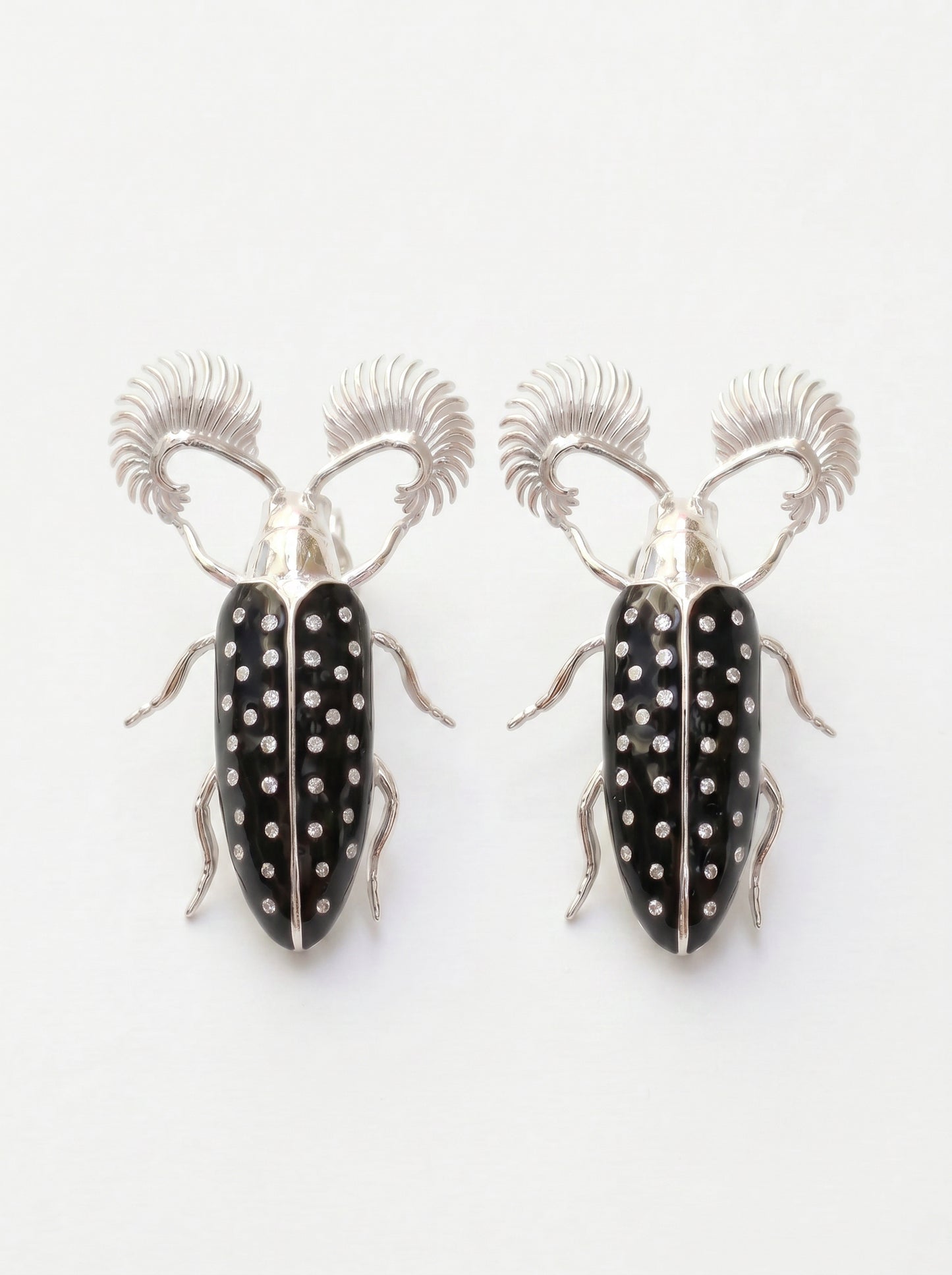 Feather‑Horned Beetle Stud Earrings — Rhipicera sp. • Black Enamel + Crystals