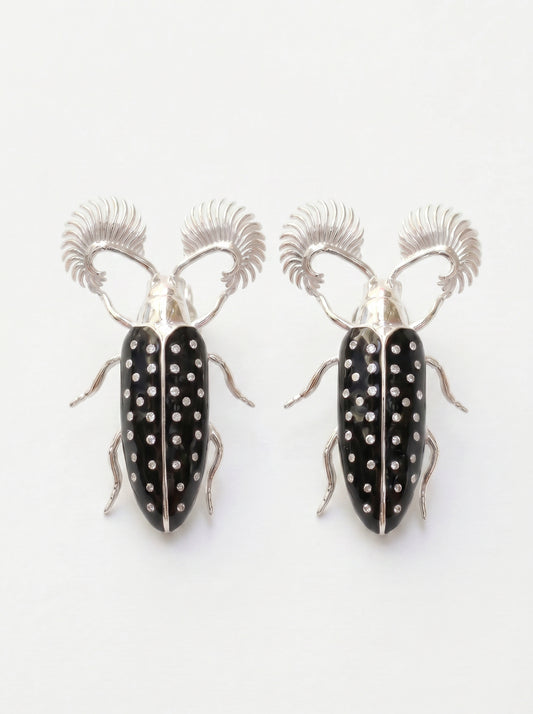Feather‑Horned Beetle Stud Earrings — Rhipicera sp. • Black Enamel + Crystals
