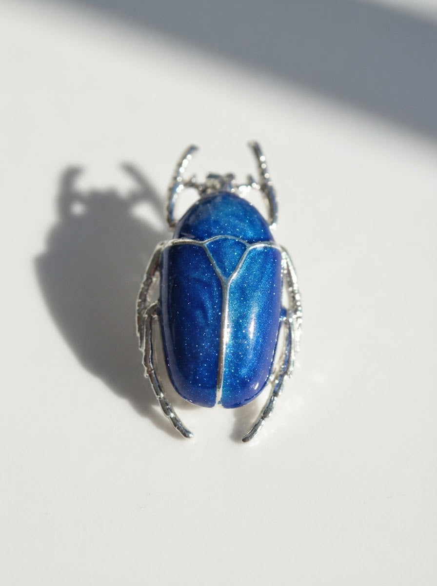 Blue Enamel Flower Beetle Pendant – Sculptural Insect Jewelry