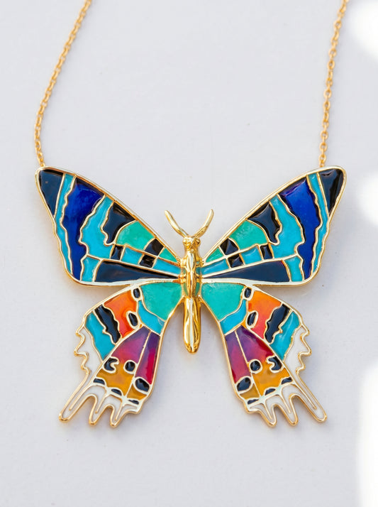 Madagascar Sunset Moth Necklace — Hand‑Enameled in 14k Gold Plated or Sterling Silver
