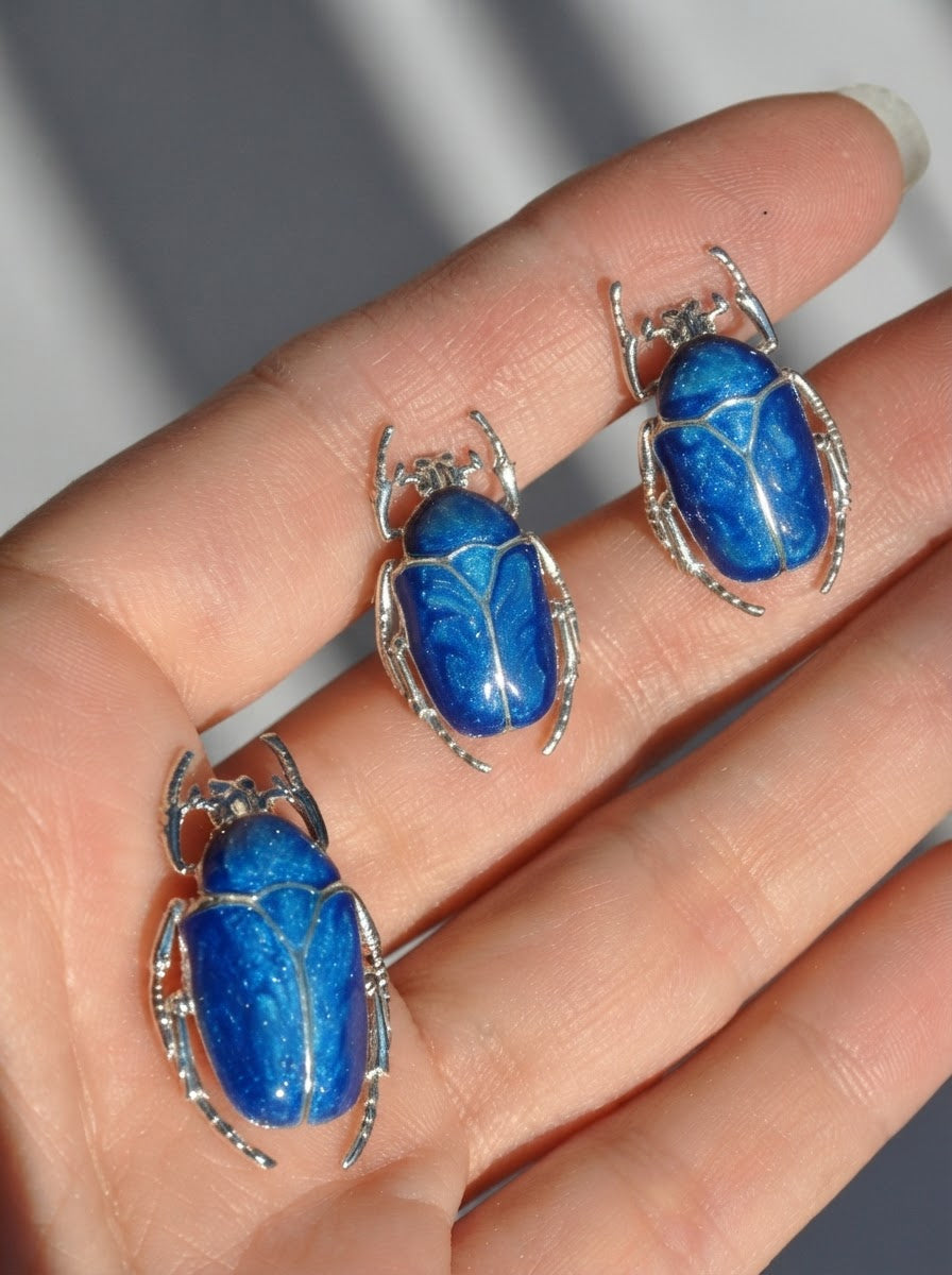 Blue Enamel Flower Beetle Stud Earrings – Sculptural Insect Jewelry