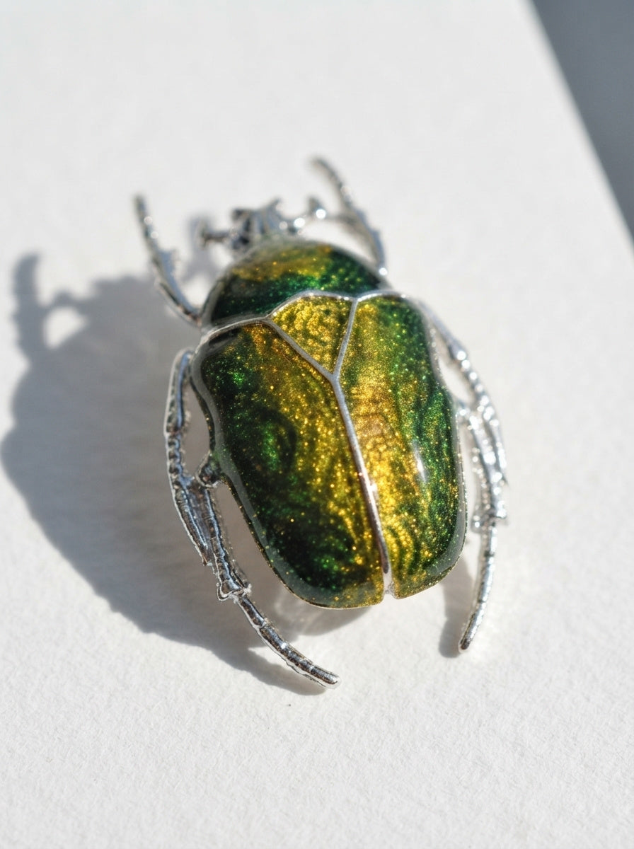 Green & Yellow Enamel Flower Beetle Pendant – Sculptural Insect Jewelry