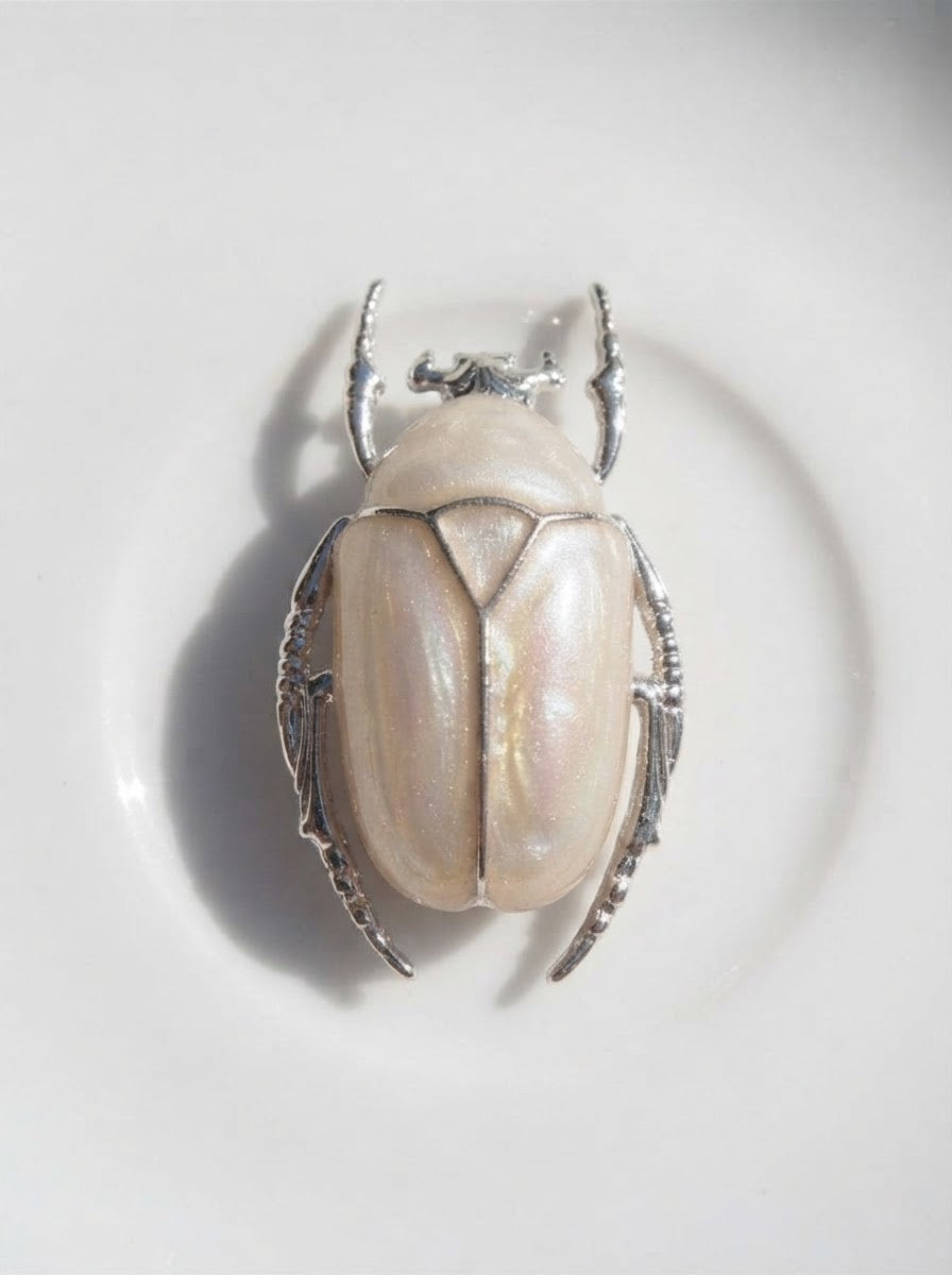 Pearl White Enamel Flower Beetle Pendant – Insect Necklace, Nature Inspired Jewelry