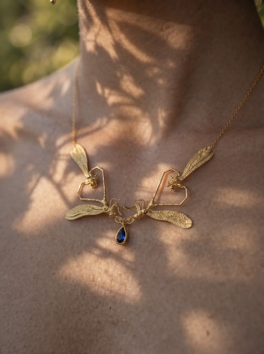 Dragonfly Love Necklace — Gold or Silver with Pear‑Cut Stone