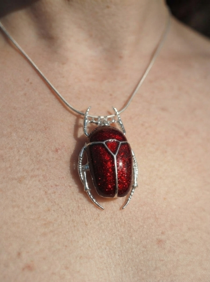 Dark Red Enamel Flower Beetle Pendant – Insect Necklace, Nature Inspired Jewelry