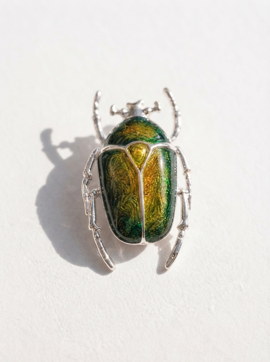 Green & Yellow Enamel Flower Beetle Pendant – Sculptural Insect Jewelry