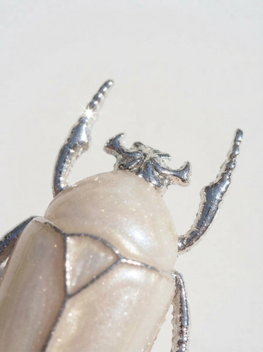 Pearl White Enamel Flower Beetle Pendant – Insect Necklace, Nature Inspired Jewelry