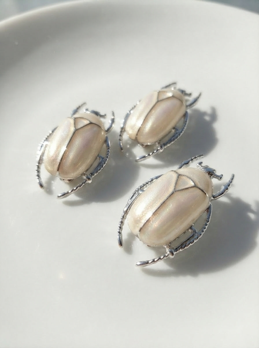 Pearl White Enamel Flower Beetle Pendant – Insect Necklace, Nature Inspired Jewelry