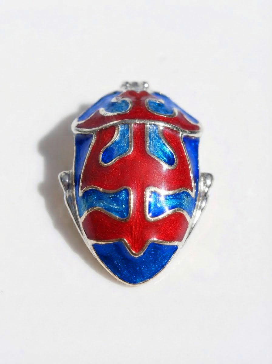 Harlequin Shield Bug Pendant – Matte Red & Shiny‑Blue Enamel