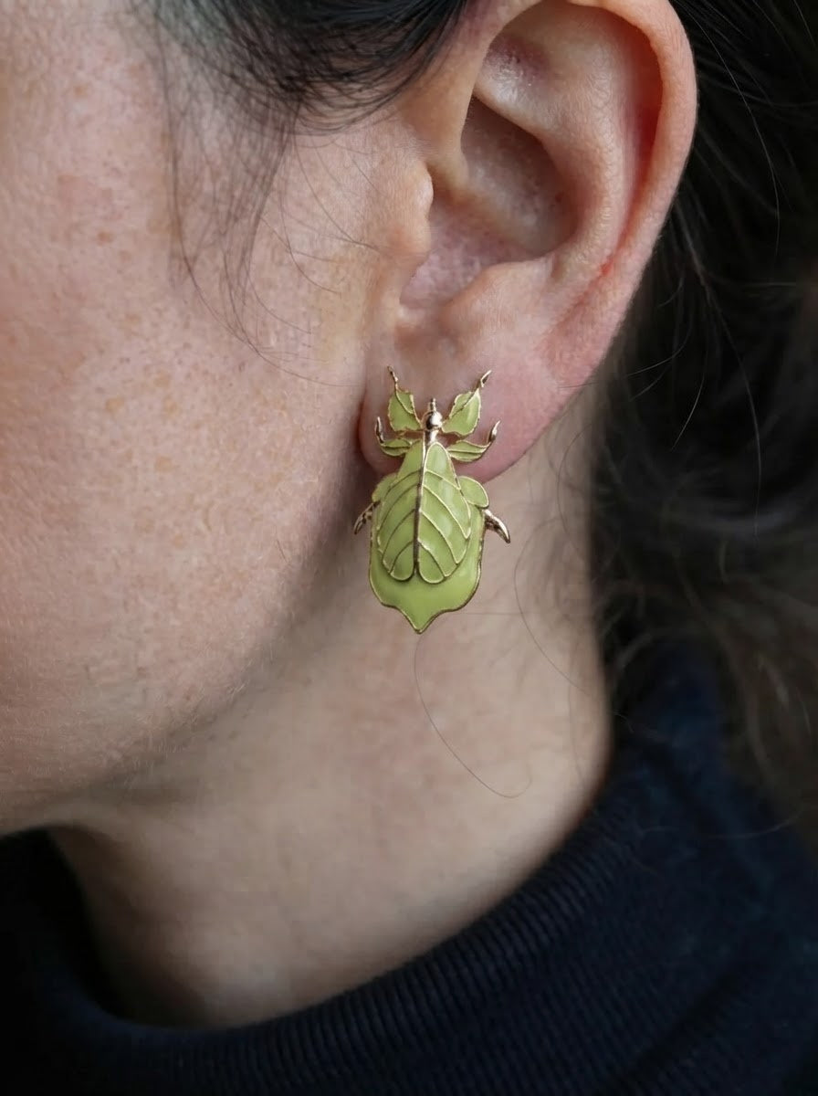 Phylliidae Leaf Insect Earrings – Gold or Silver Studs with Enamel
