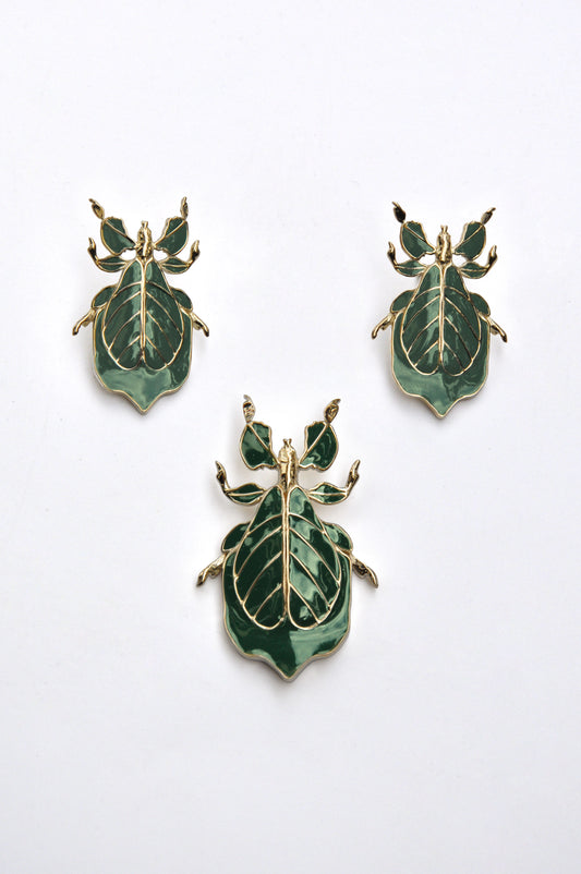Phylliidae Leaf Insect Earrings – Gold or Silver Studs with Enamel