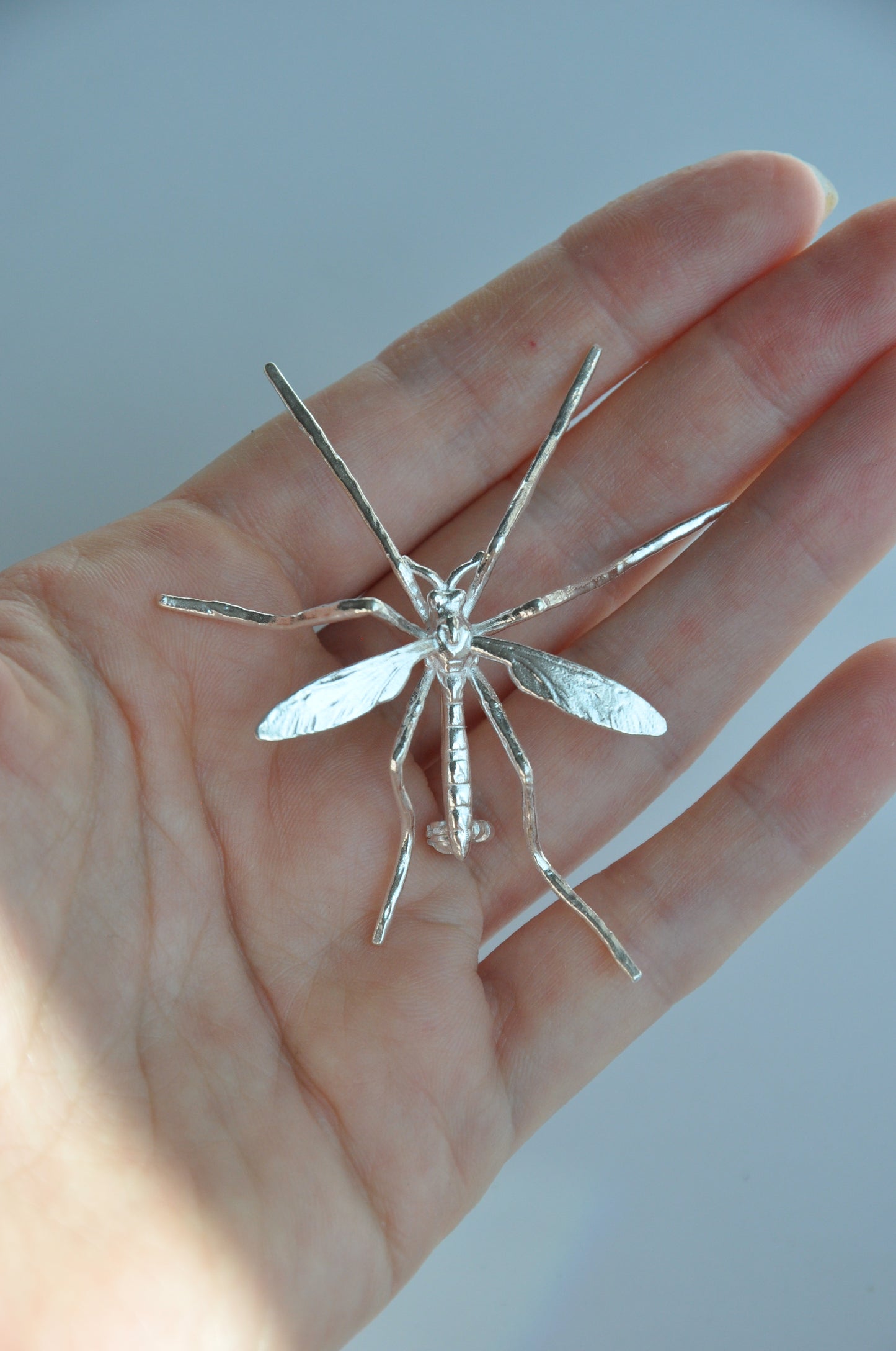 Crane Fly Brooch — Sterling Silver or 14k Gold‑Plated | Sculptural Insect Jewelry