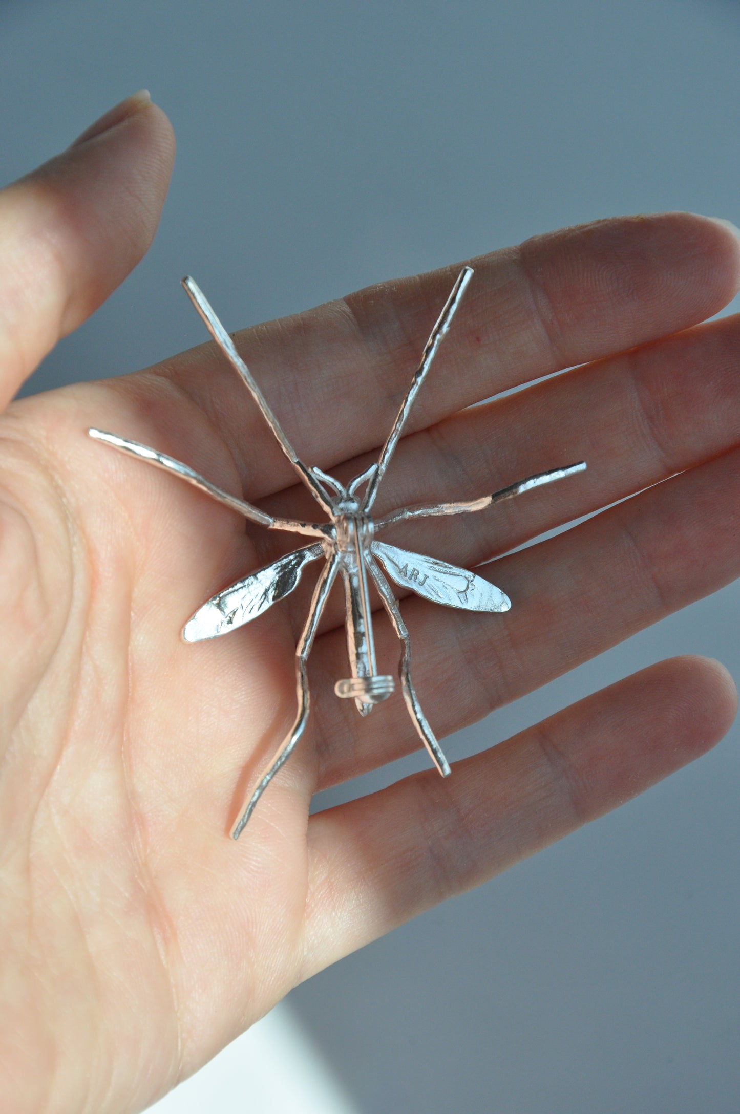 Crane Fly Brooch — Sterling Silver or 14k Gold‑Plated | Sculptural Insect Jewelry