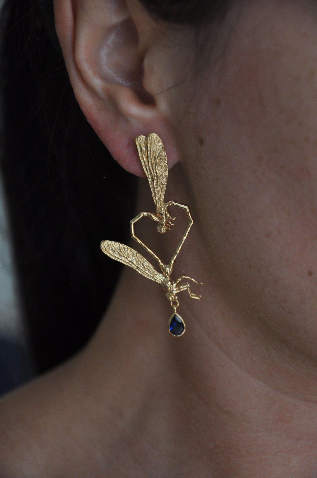 Dragonfly Love Stud Earrings — Gold‑Plated Brass or Gold‑Plated Sterling Silver with Blue Pear‑Cut Stone