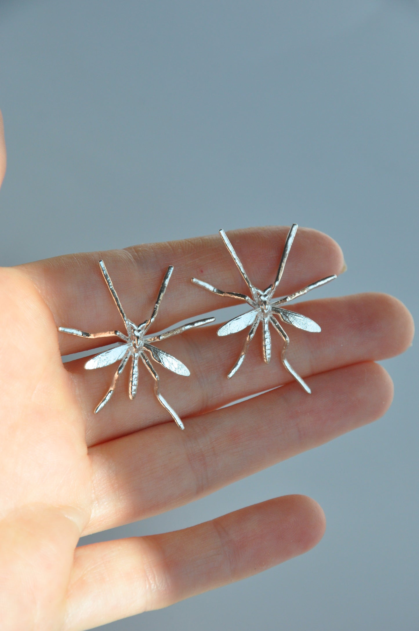 Crane Fly Stud Earrings – Sterling Silver or 14k Gold‑Plated | Sculptural Insect Jewelry