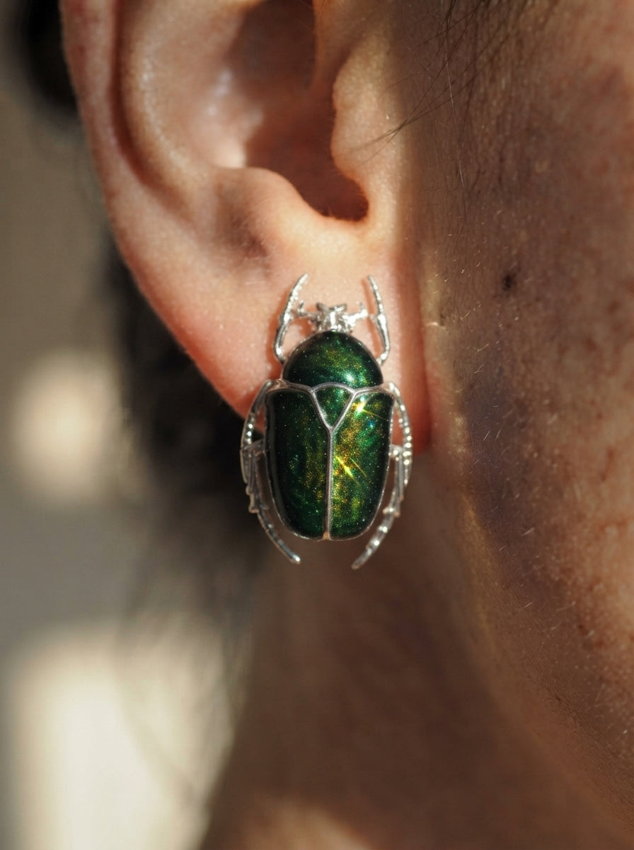 Green & Yellow Enamel Flower Beetle Stud Earrings – Sculptural Insect Jewelry