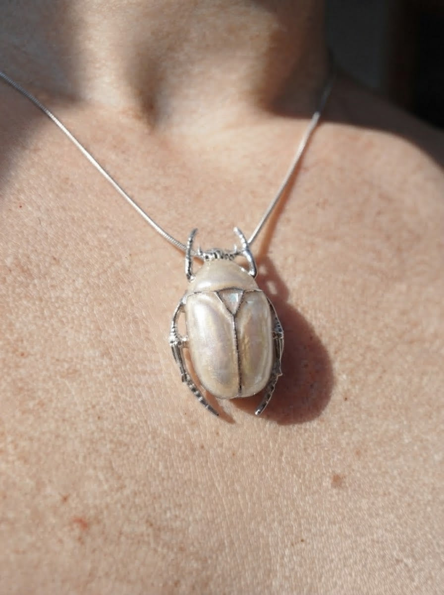 Pearl White Enamel Flower Beetle Pendant – Insect Necklace, Nature Inspired Jewelry