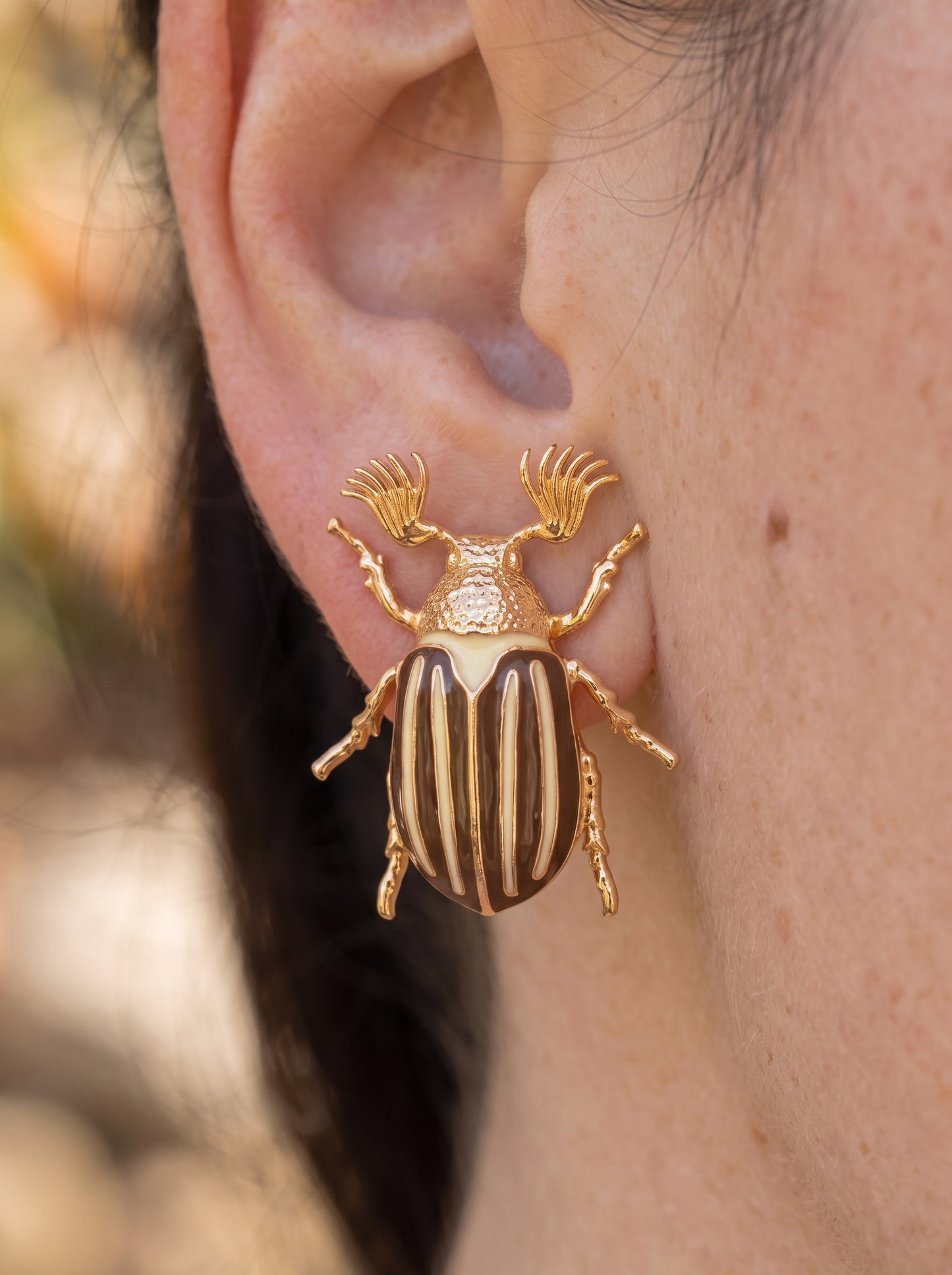 June Bug Stud Earrings — Silver or Gold with Bronze & Off‑White Enamel