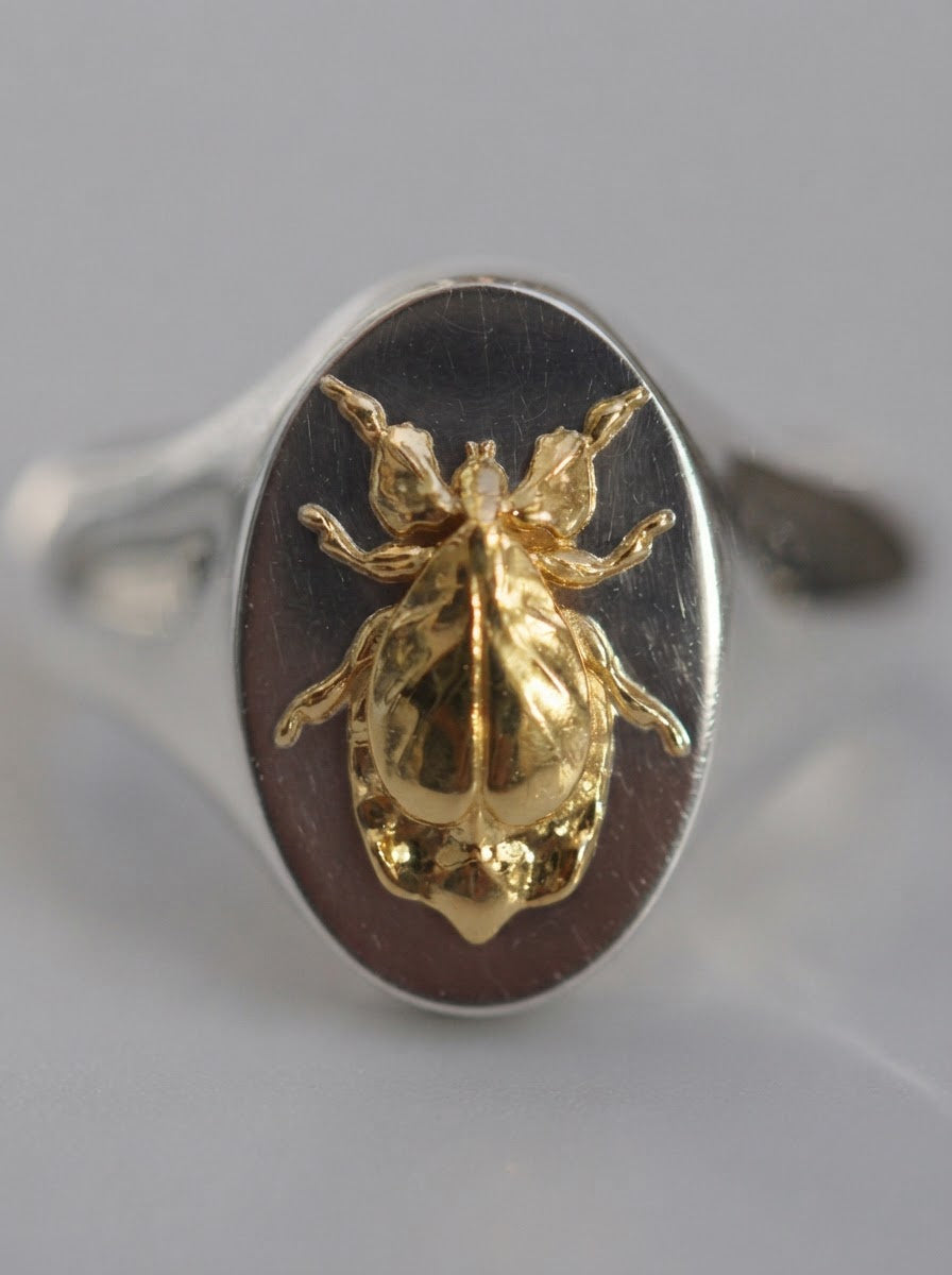 Capricorn Leaf Insect Signet Ring | Sterling Silver & Gold Plated
