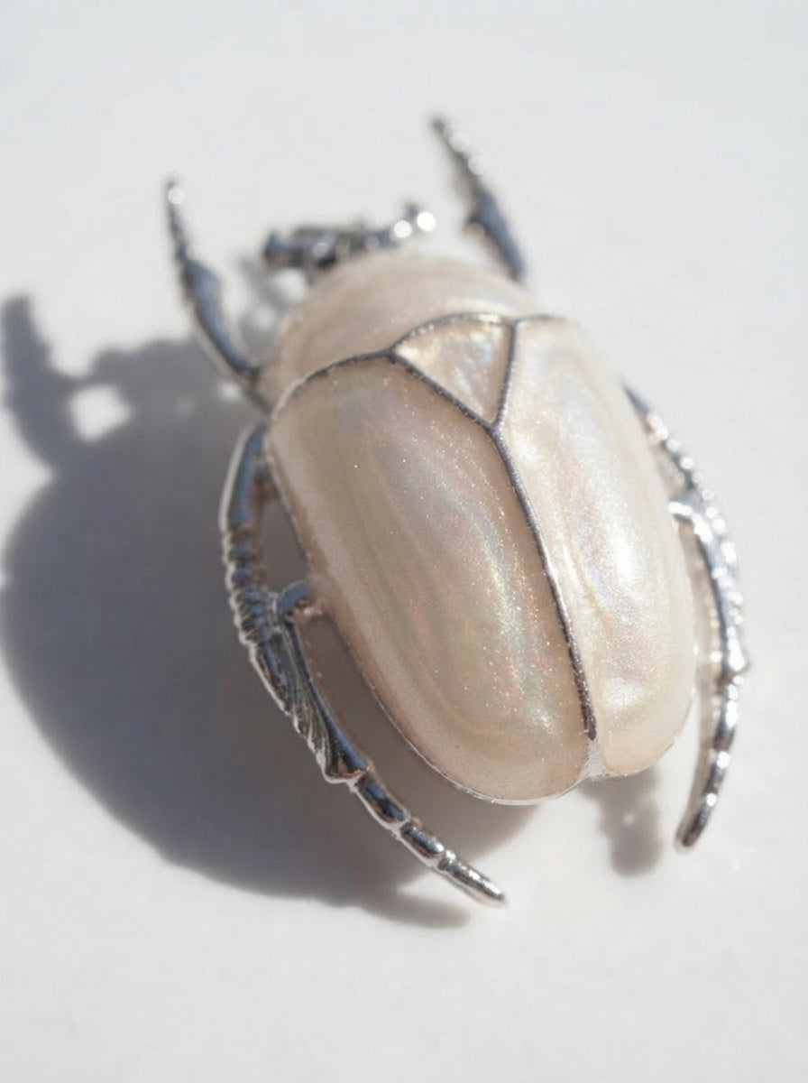 Pearl White Enamel Flower Beetle Pendant – Insect Necklace, Nature Inspired Jewelry
