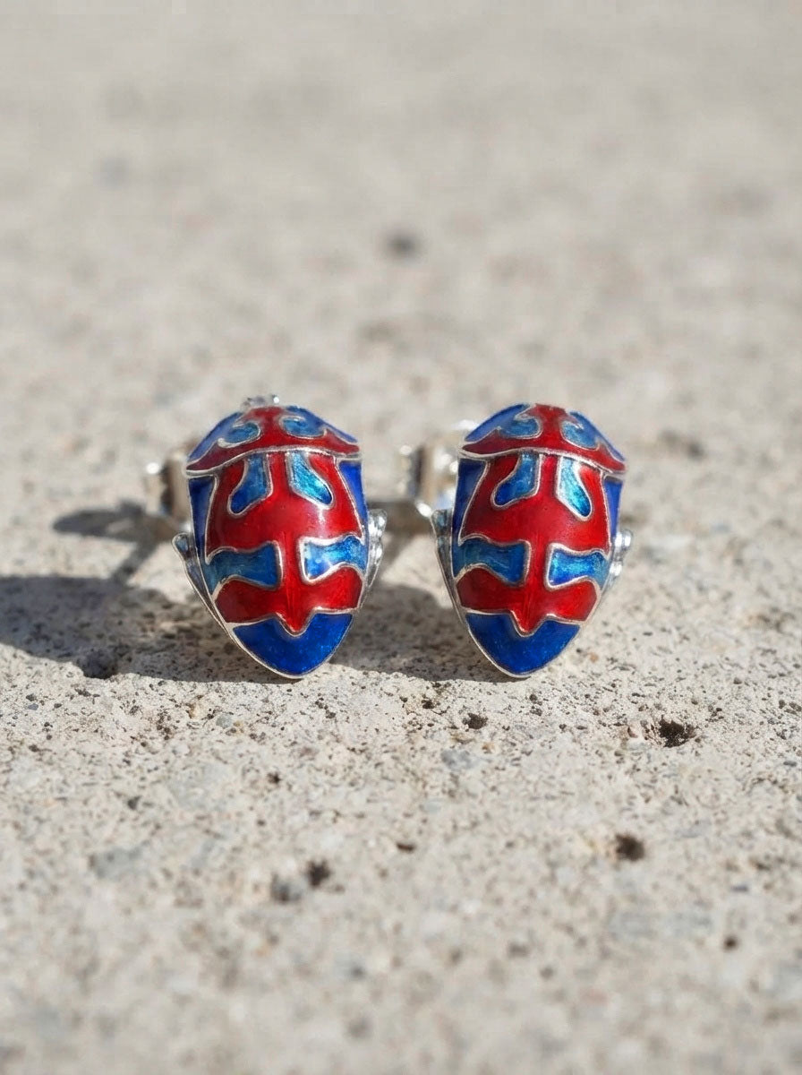 Harlequin Shield Bug Stud Earrings – Matte Red & Shiny‑Blue Enamel