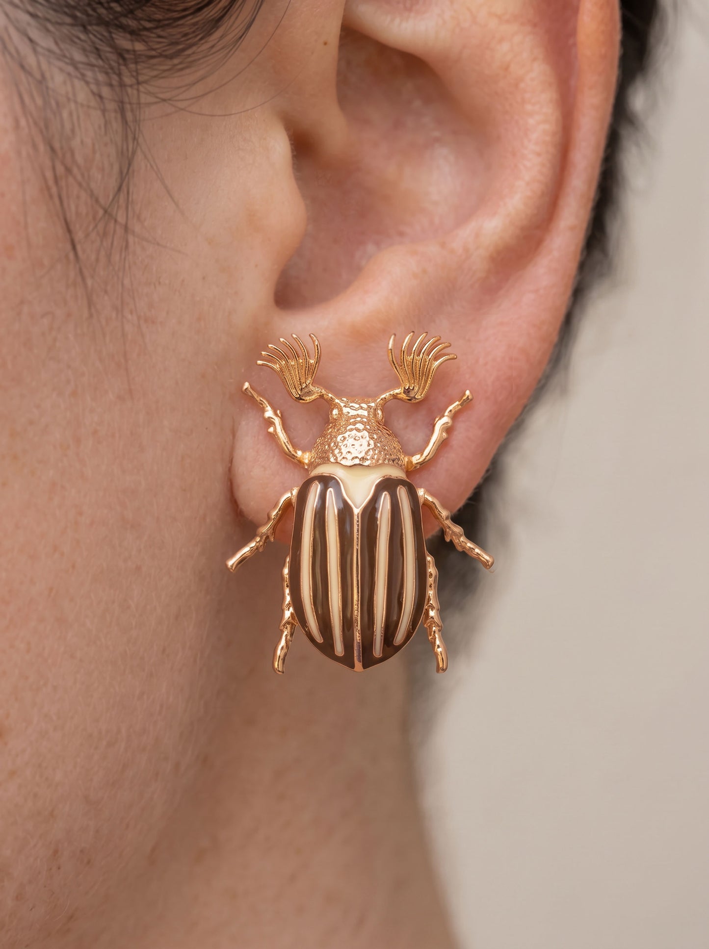 June Bug Stud Earrings — Silver or Gold with Bronze & Off‑White Enamel