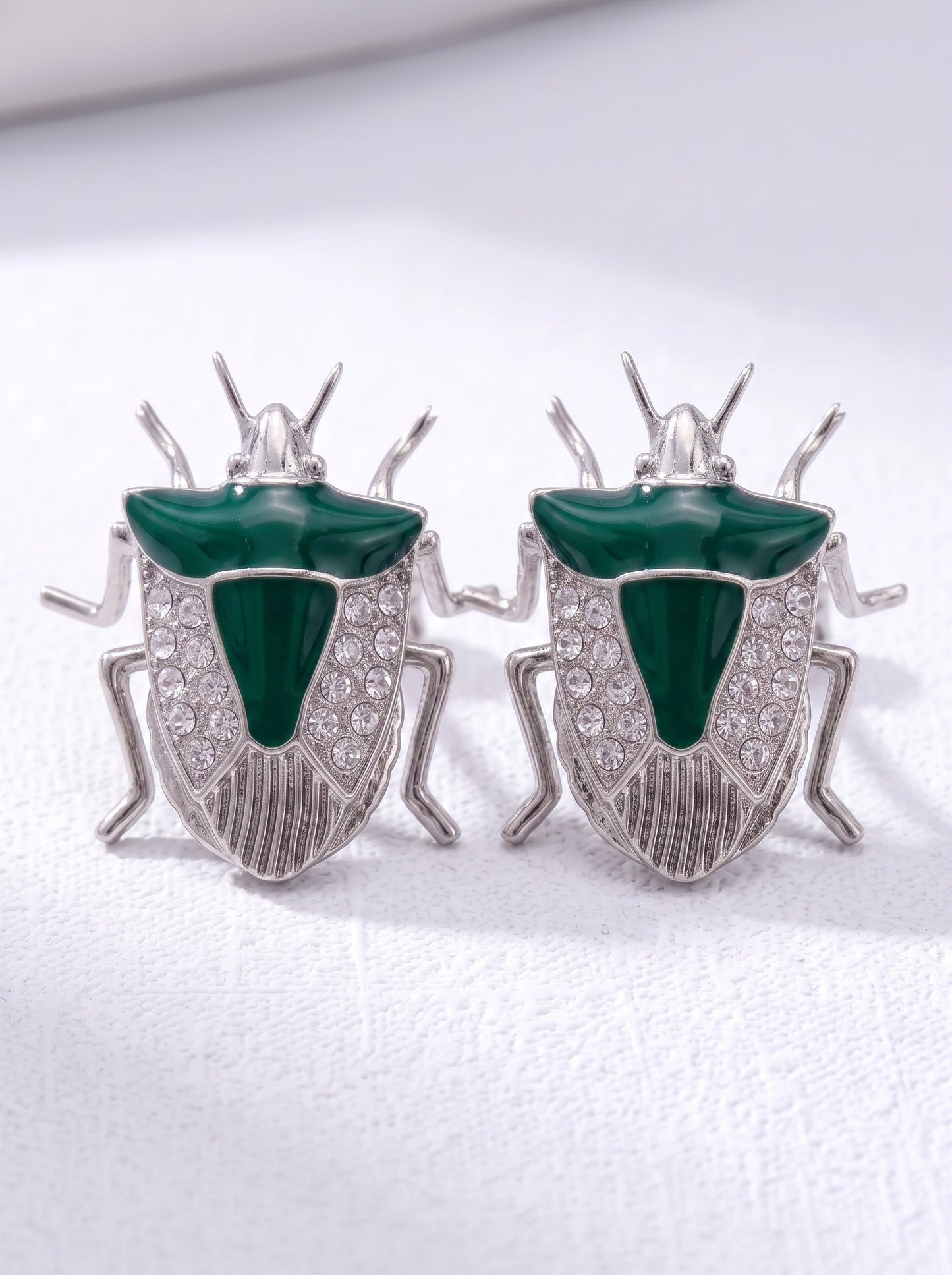 Stink Bug Stud Earrings with Deep Green Enamel • Silver or 14k Gold‑Plated
