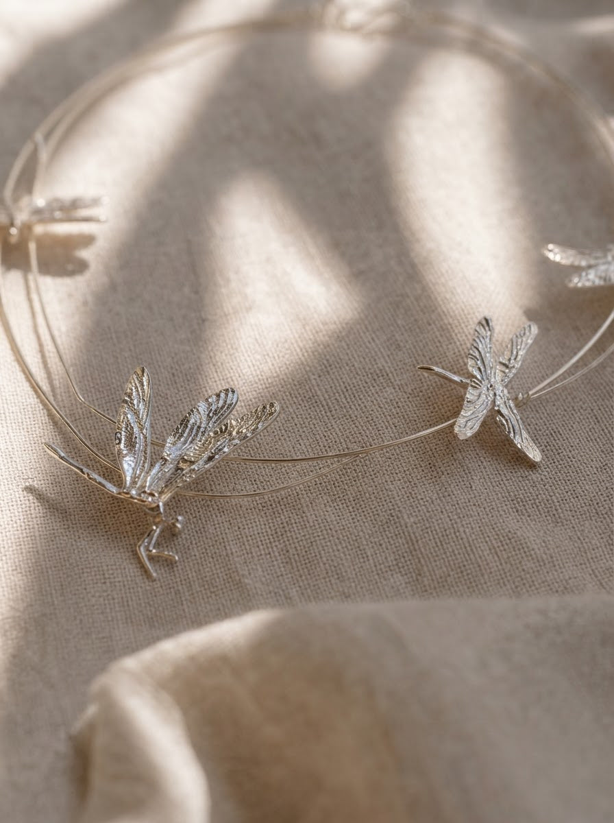 Dragonfly Flight Necklace — Sculptural Multi‑Wire Nature Jewelry in Sterling Silver or Gold