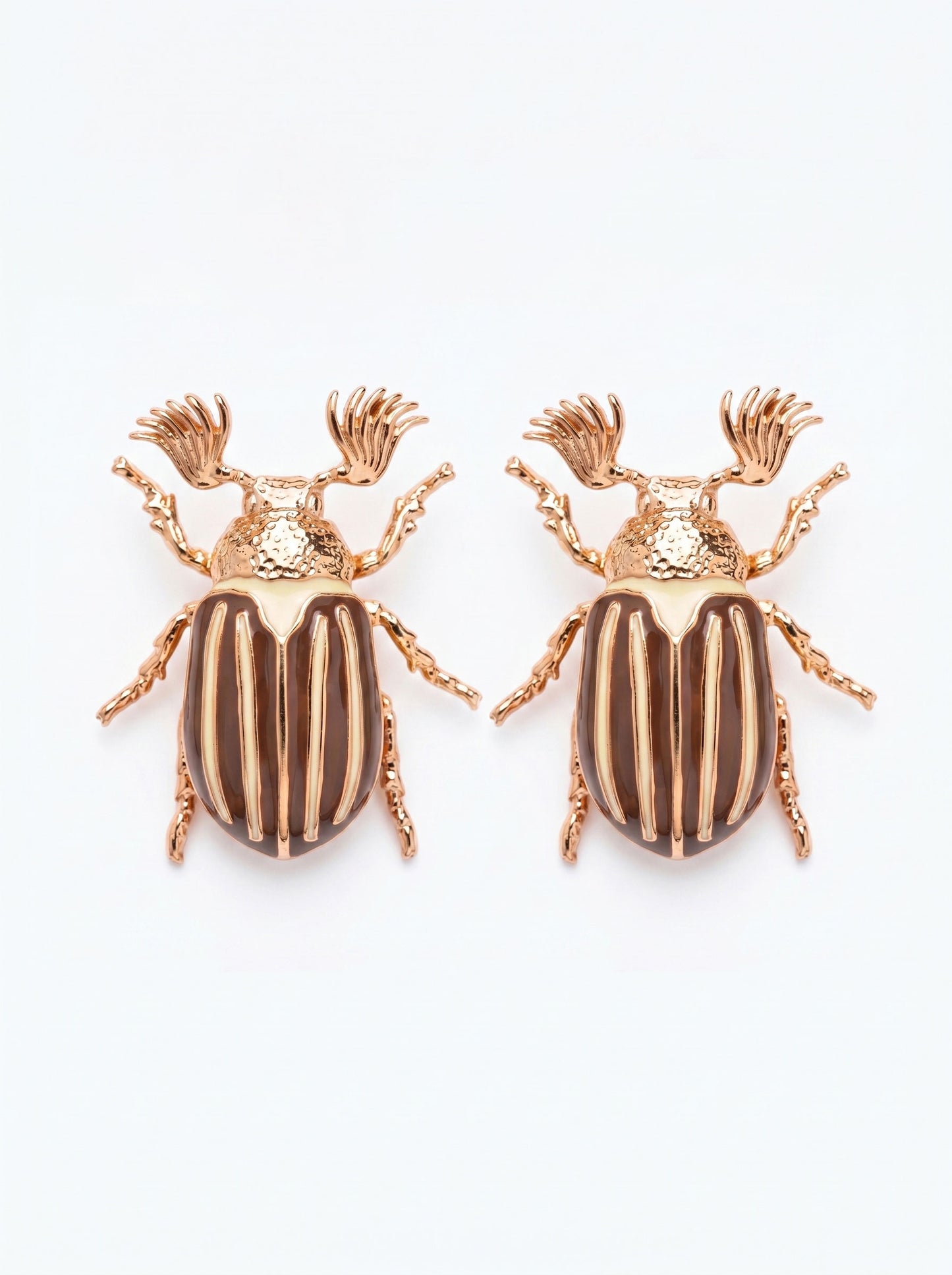 June Bug Stud Earrings — Silver or Gold with Bronze & Off‑White Enamel